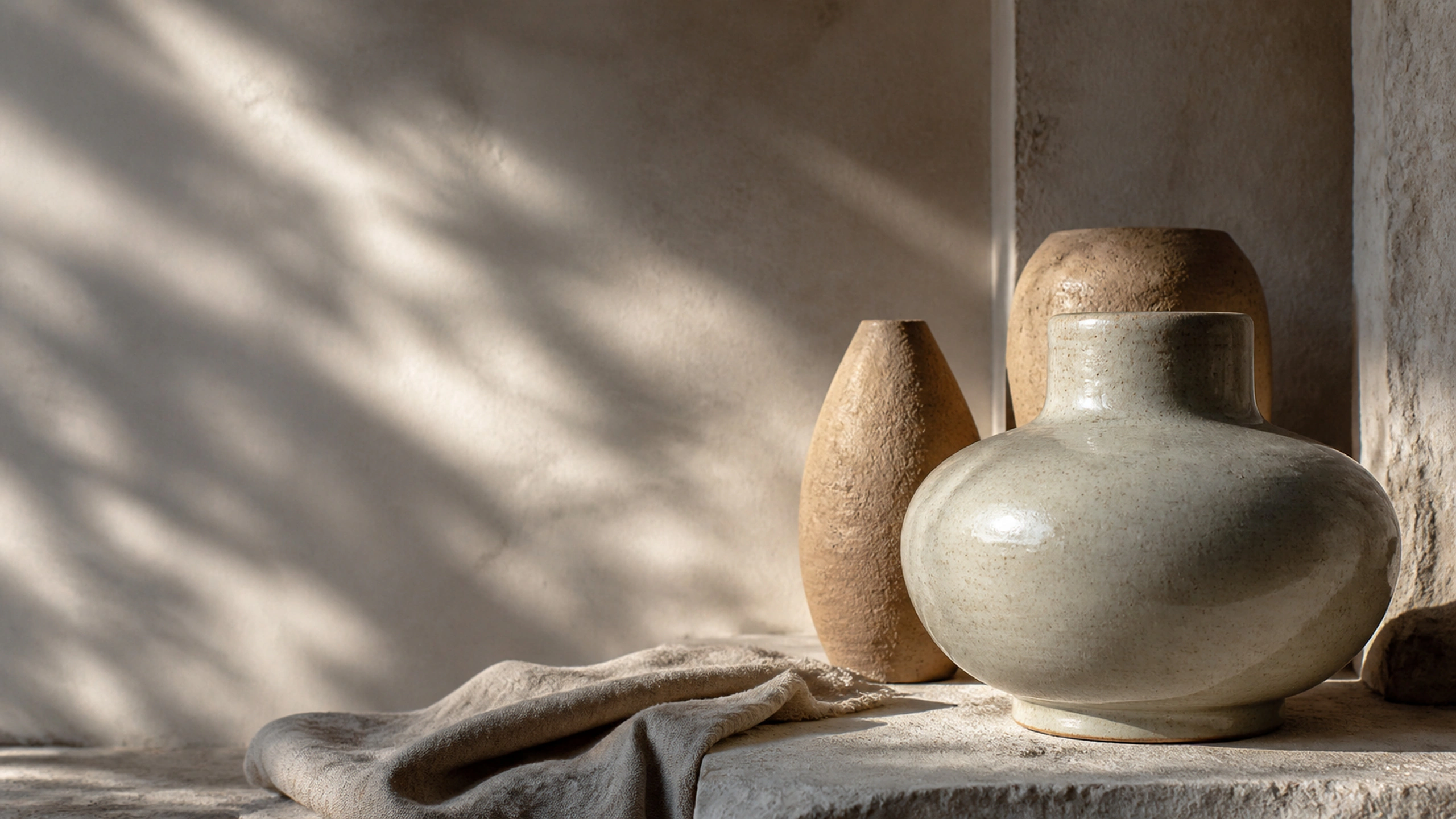 Gloss-glazed vessel beside rough unglazed clay forms under controlled natural light, original 4K still life objects wallpaper