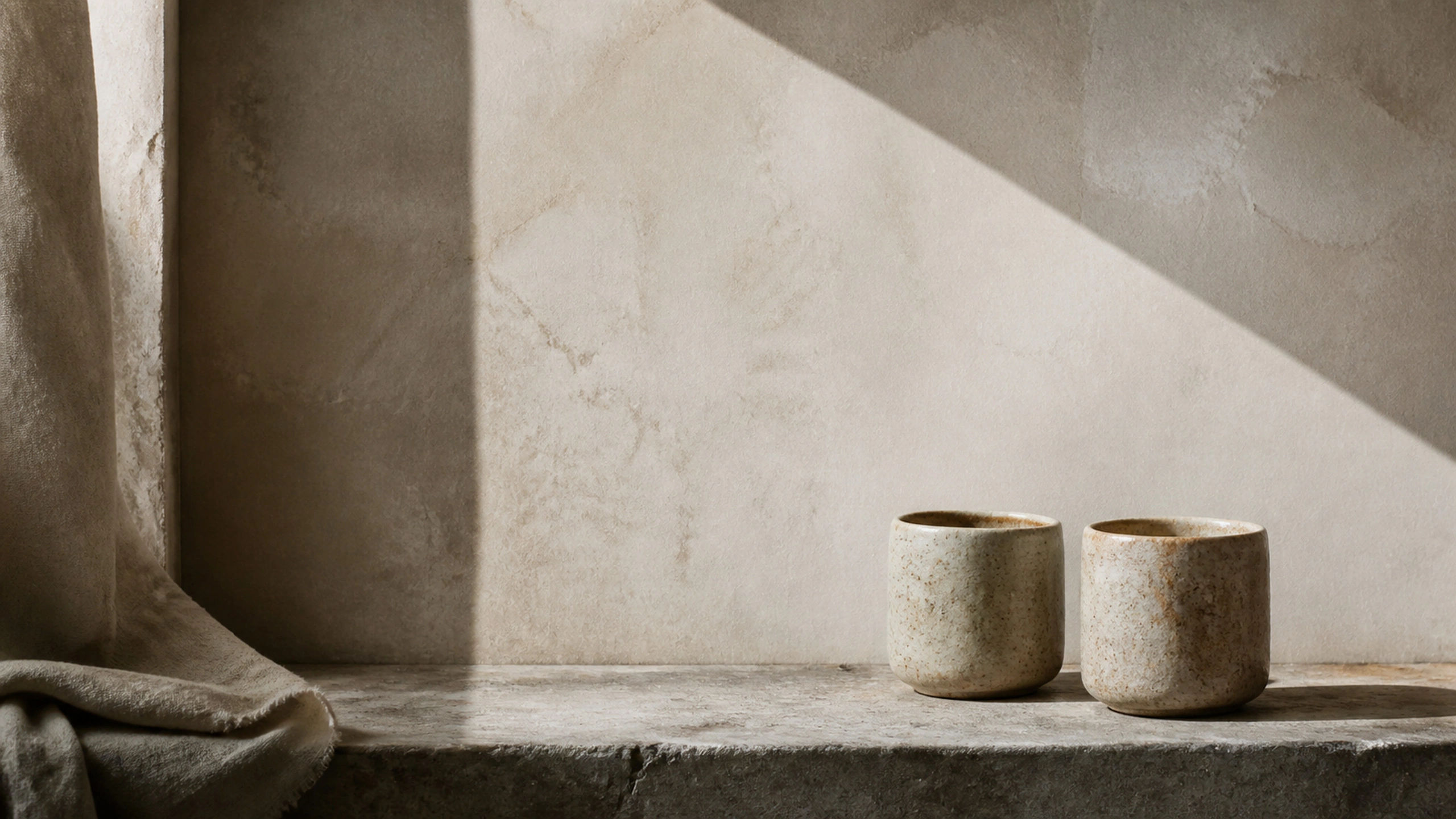 Two small handmade cups on a weathered plaster shelf with soft architectural shadow, original 4K still life objects wallpaper