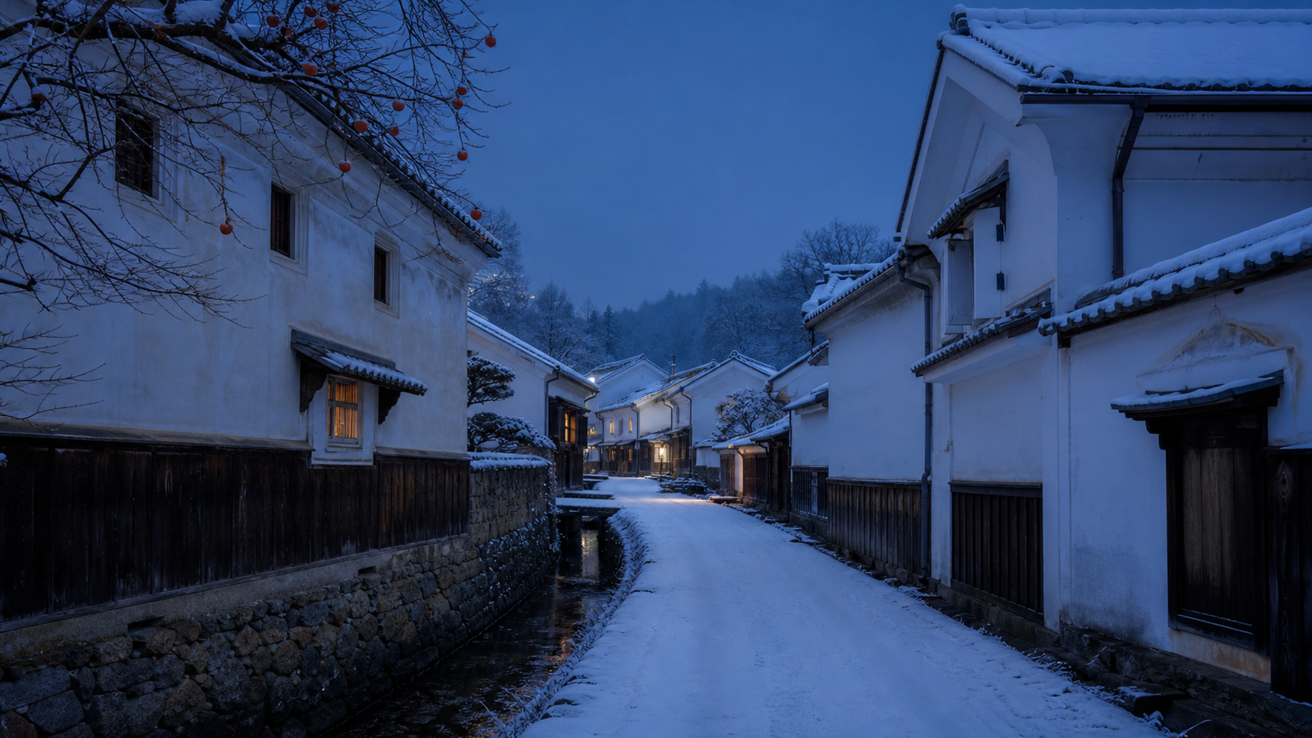 A cluster of white earthen kura storehouses with dark timber frames and tiled roofs standing beside deep winter snow beneath a softly overcast mountain sky, original 4K travel wallpaper