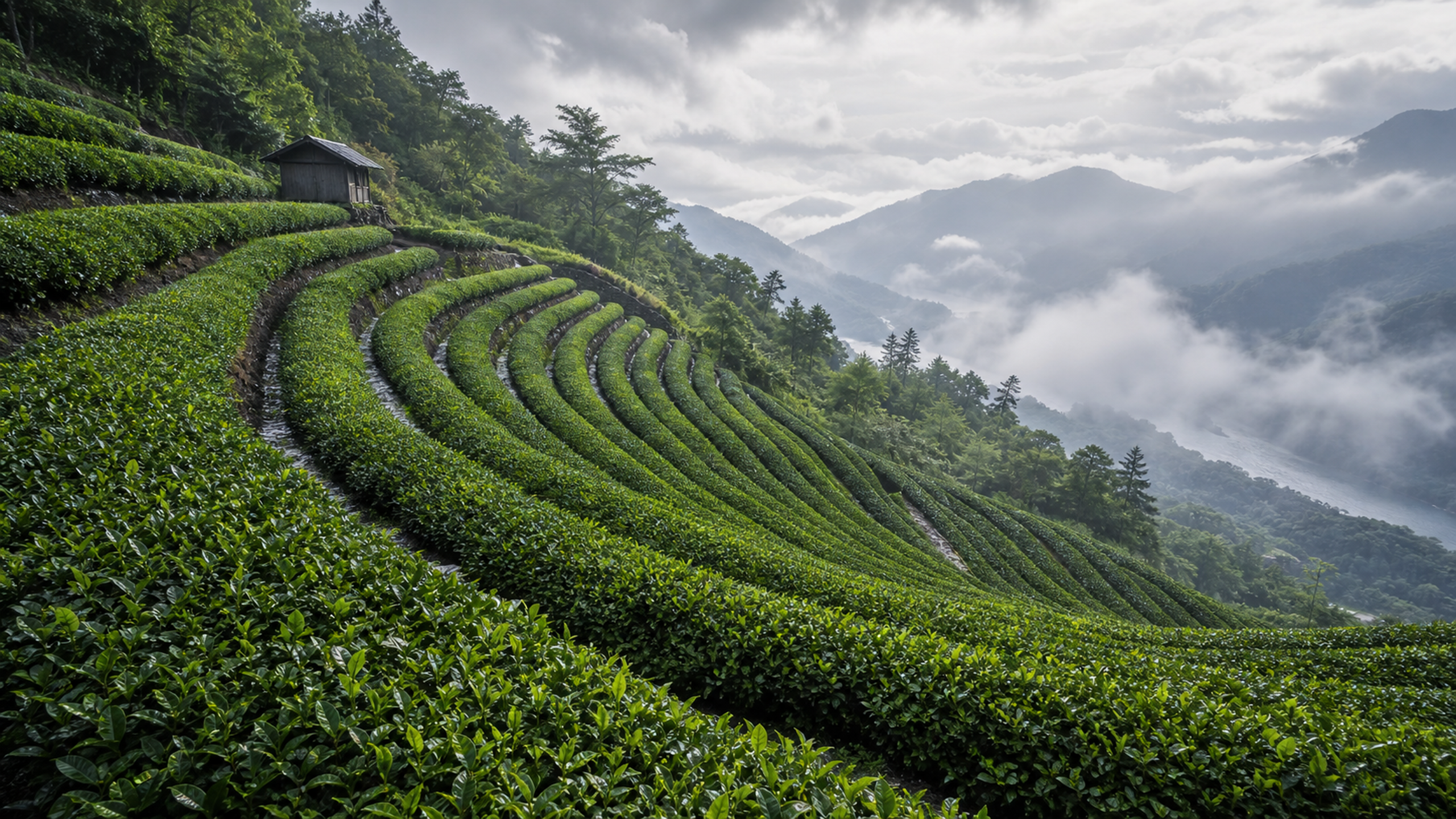Orderly green tea terraces contouring a misty hillside during warm rain, with a small anonymous timber field shelter and wet stone drainage channels, original 4K travel wallpaper