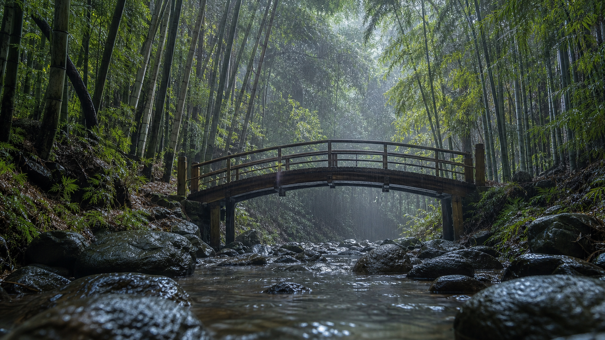 A narrow weathered timber footbridge crossing a rocky gorge beneath towering bamboo during steady rain, seen from stream level through drifting mist, original 4K travel wallpaper