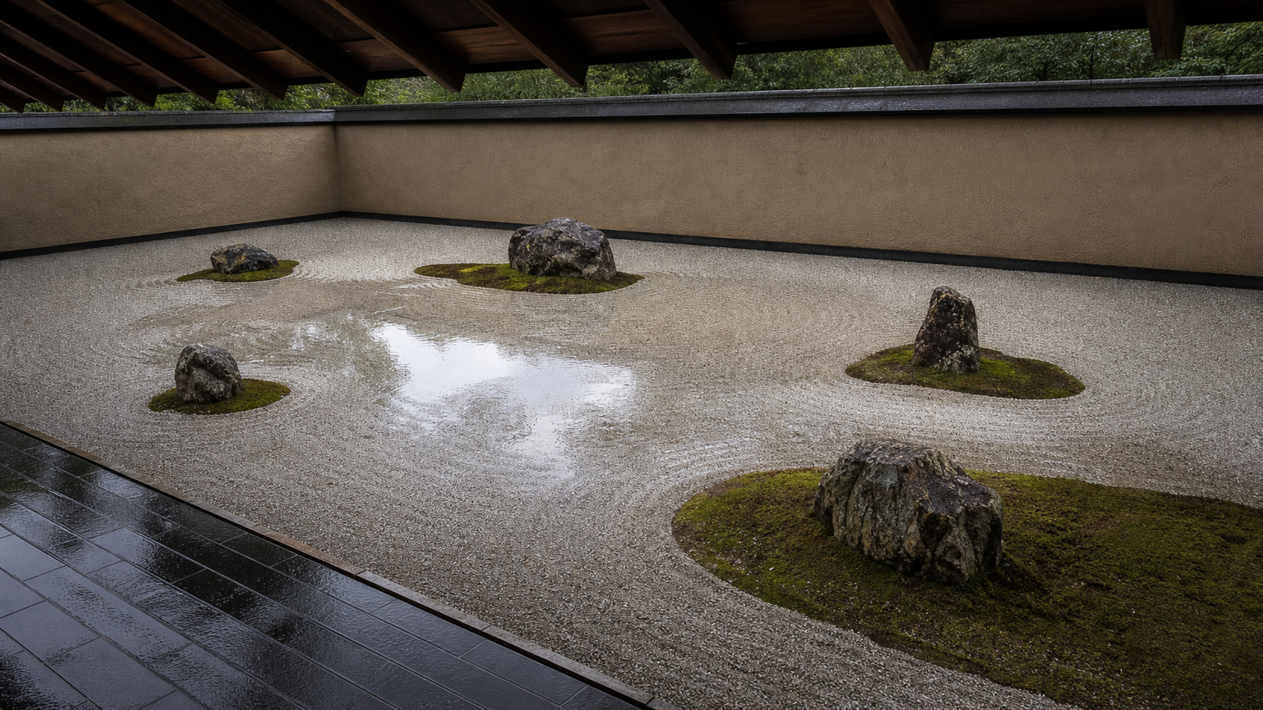 An original dry stone garden of raked pale gravel, irregular dark rocks and clipped pines enclosed by simple timber walls after rain, original 4K travel wallpaper