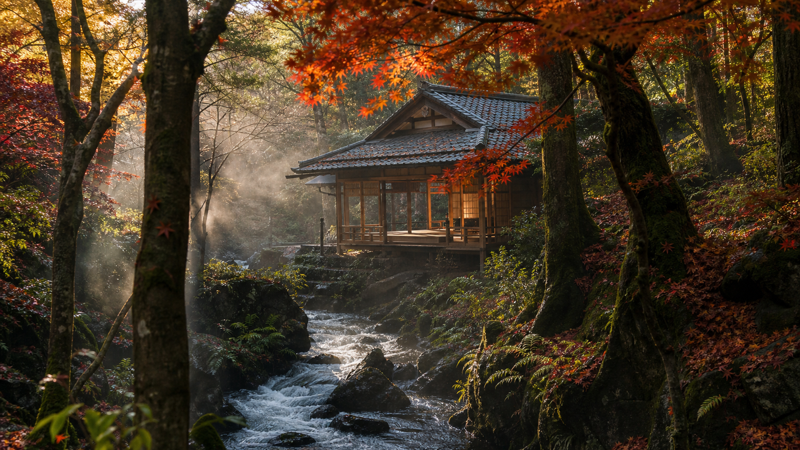 A modest open-sided timber tea pavilion above a clear forest stream, surrounded by red and gold maples in soft autumn morning light, original 4K travel wallpaper