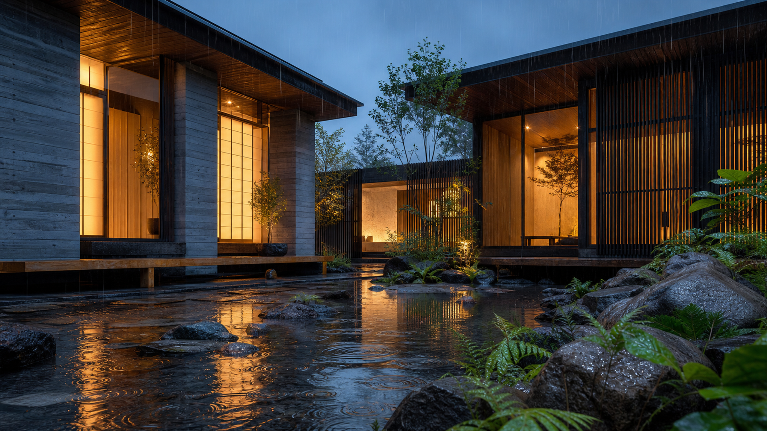 An original contemporary Japanese timber courtyard enclosing moss, dark stepping stones and a shallow reflecting basin during quiet rain, original 4K travel wallpaper