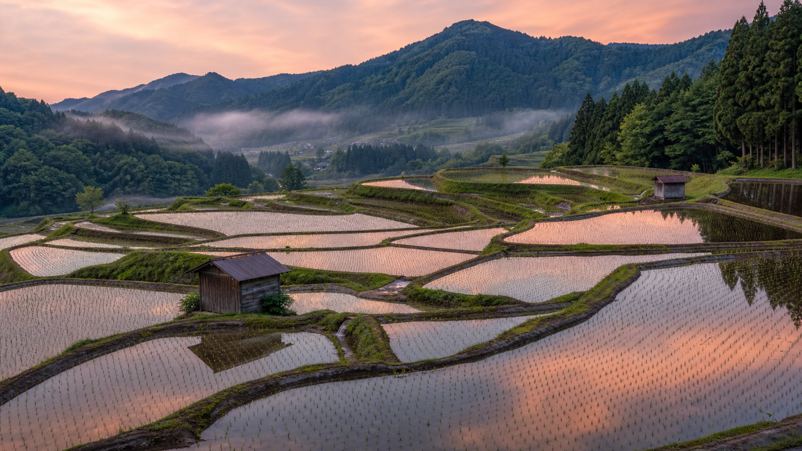 Newly flooded rice terraces reflecting a pale spring sky around scattered timber farm sheds and flowering hillside trees, original 4K travel wallpaper