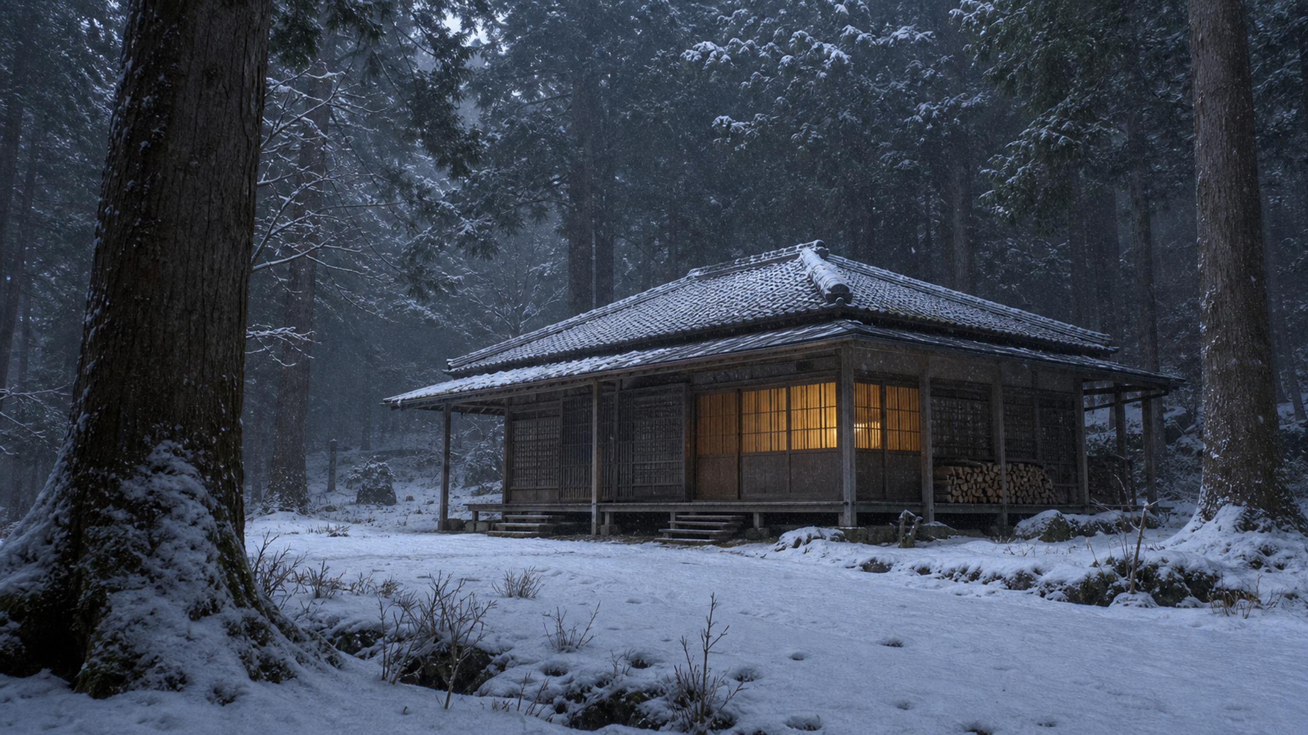 A simple secular forestry shelter of heavy cedar beams standing in a snow-covered working forest beneath tall straight trunks and diffuse winter light, original 4K travel wallpaper