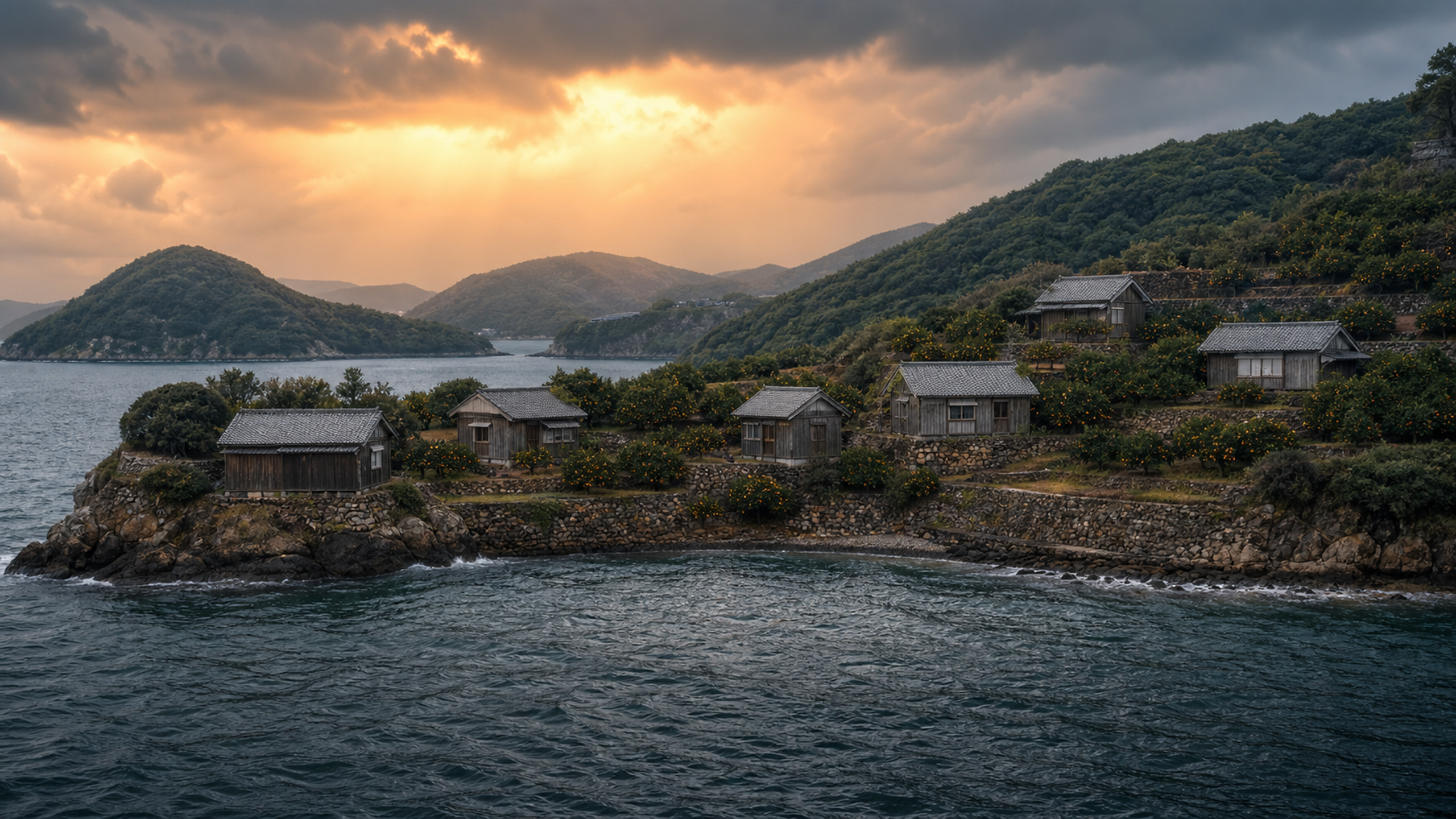 An original small fishing hamlet of tiled timber houses wrapping a sheltered inland-sea inlet as rain clears beneath a warm horizon, with no vehicles or signs, original 4K travel wallpaper