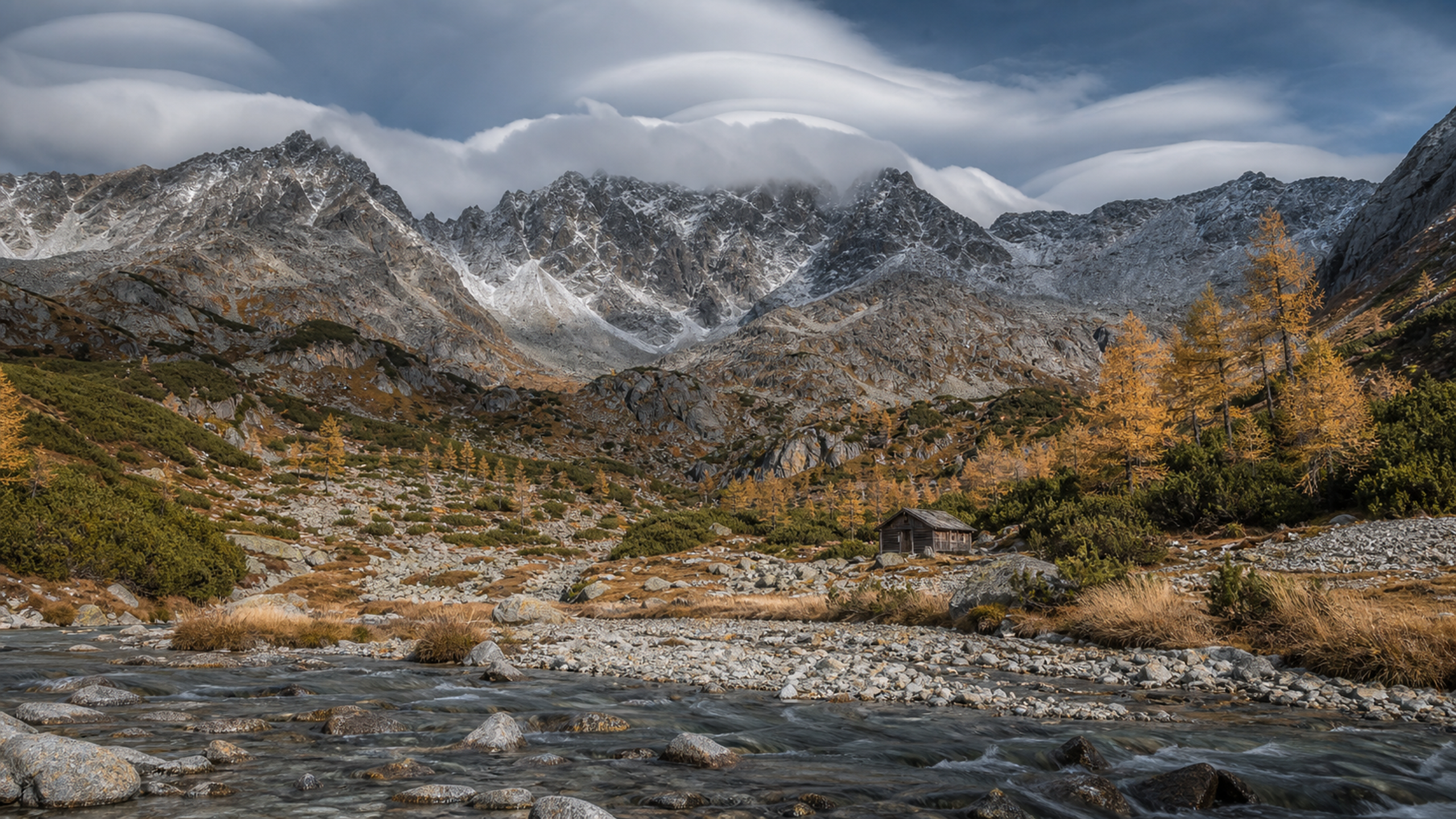 A compact weathered timber mountain shelter among golden larches and granite slopes beneath crisp high-altitude autumn light, original 4K travel wallpaper