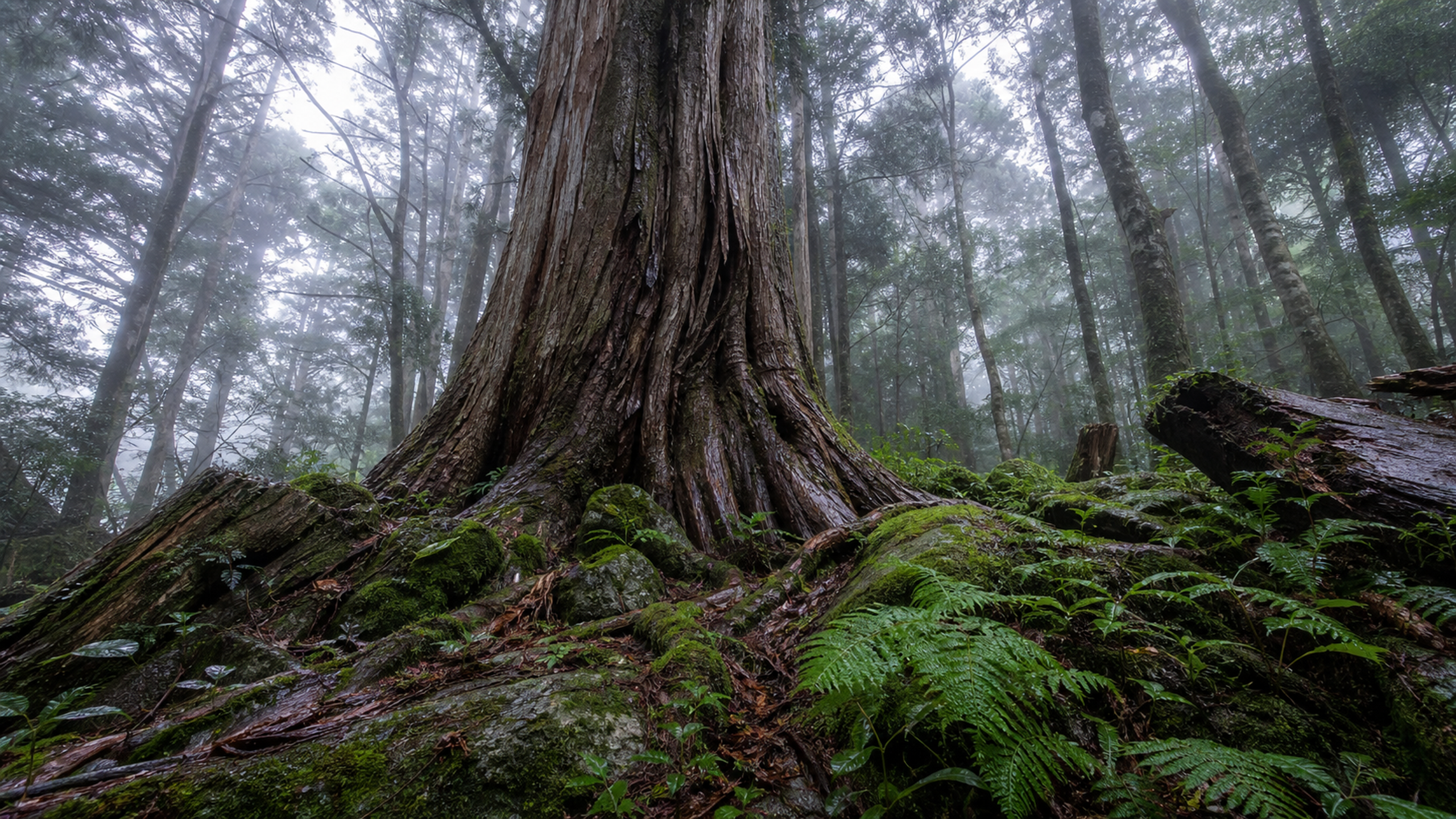Immense old cedar trunks rising from deep moss, ferns and exposed roots in a rain-damp forest crossed by soft natural shafts of light, original 4K travel wallpaper