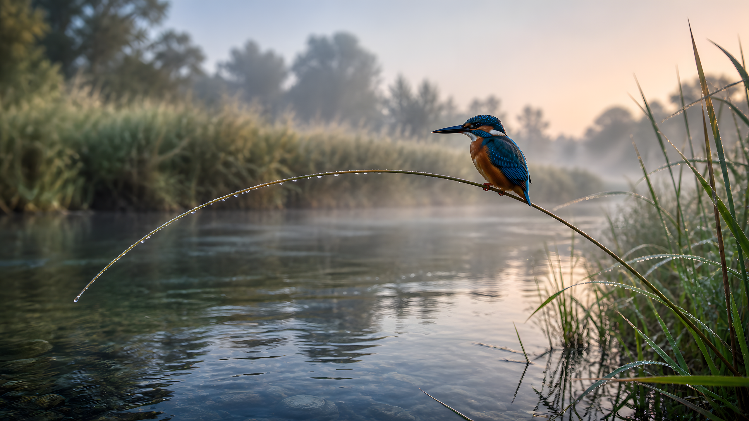 Jewel-toned kingfisher perched on a dew-covered reed above a clear river at dawn