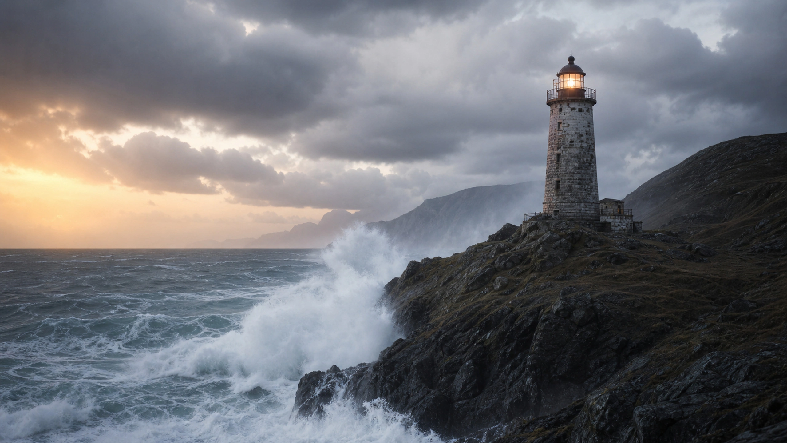 Invented lighthouse enduring a coastal storm on a dark rocky headland, original 4K landmarks wallpaper