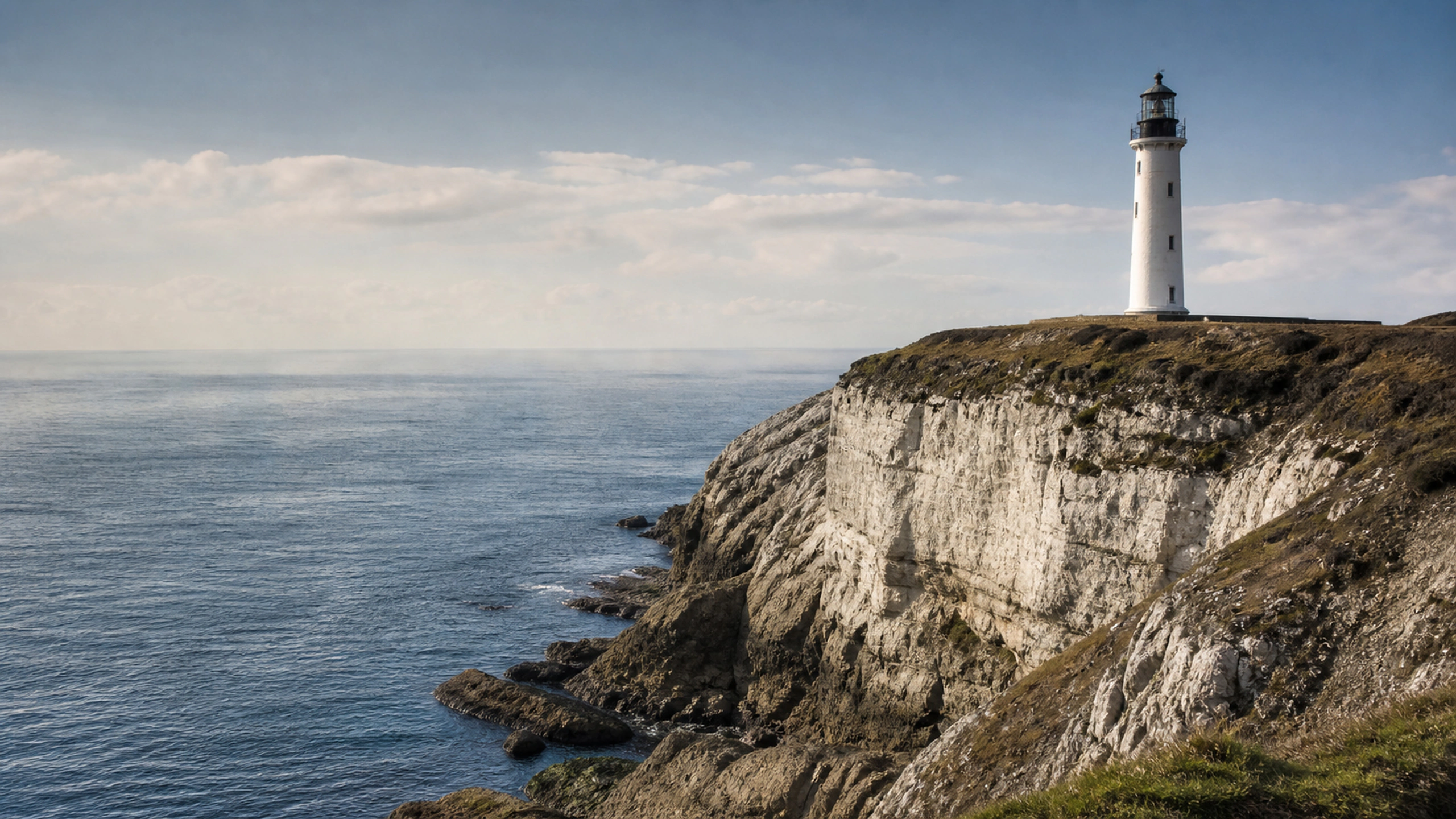 Simple original white lighthouse above immense pale sea cliffs at midday, original 4K landmarks wallpaper