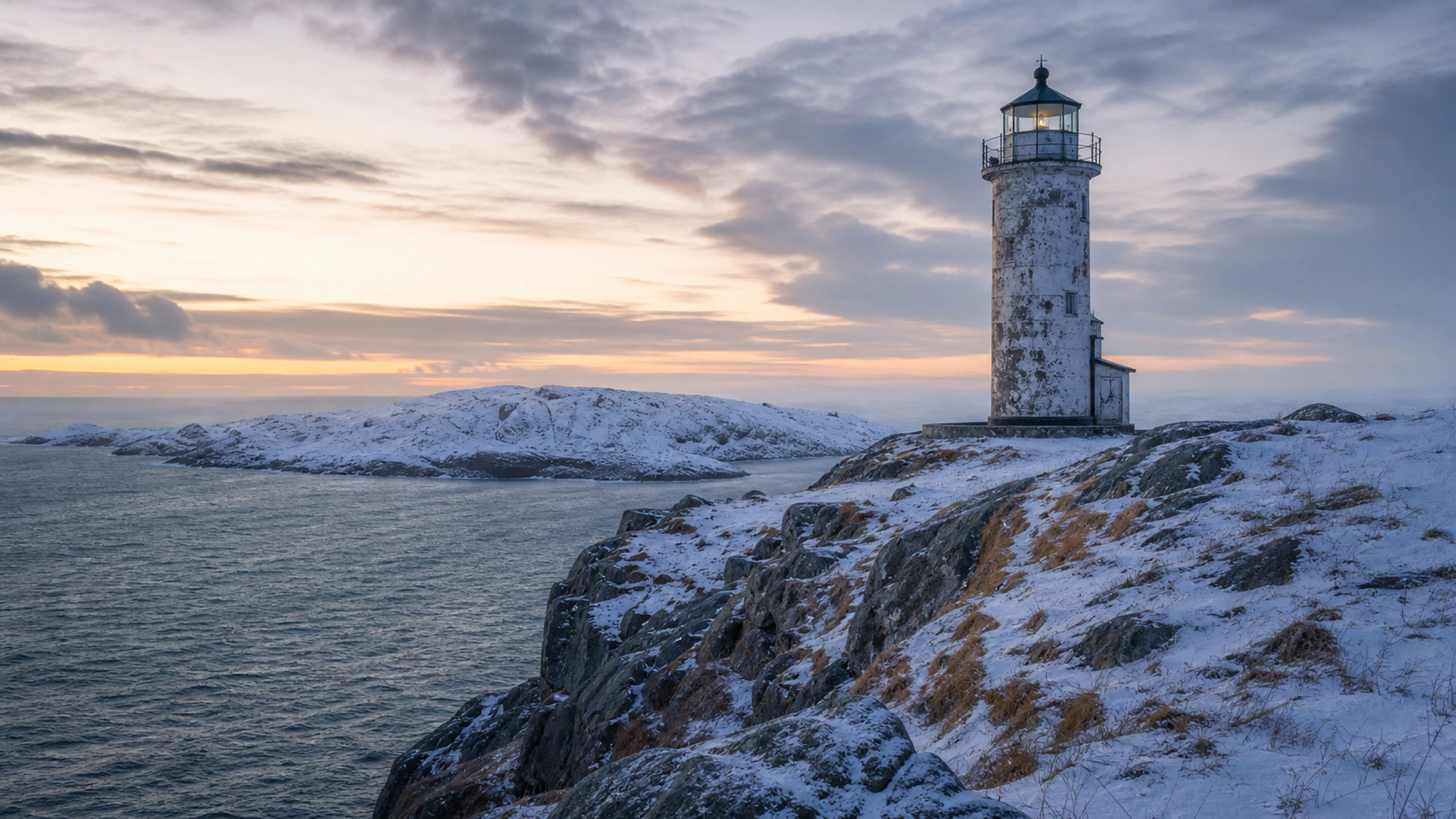 Weathered lighthouse on a snow-covered northern cape beside steel-gray water, original 4K landmarks wallpaper
