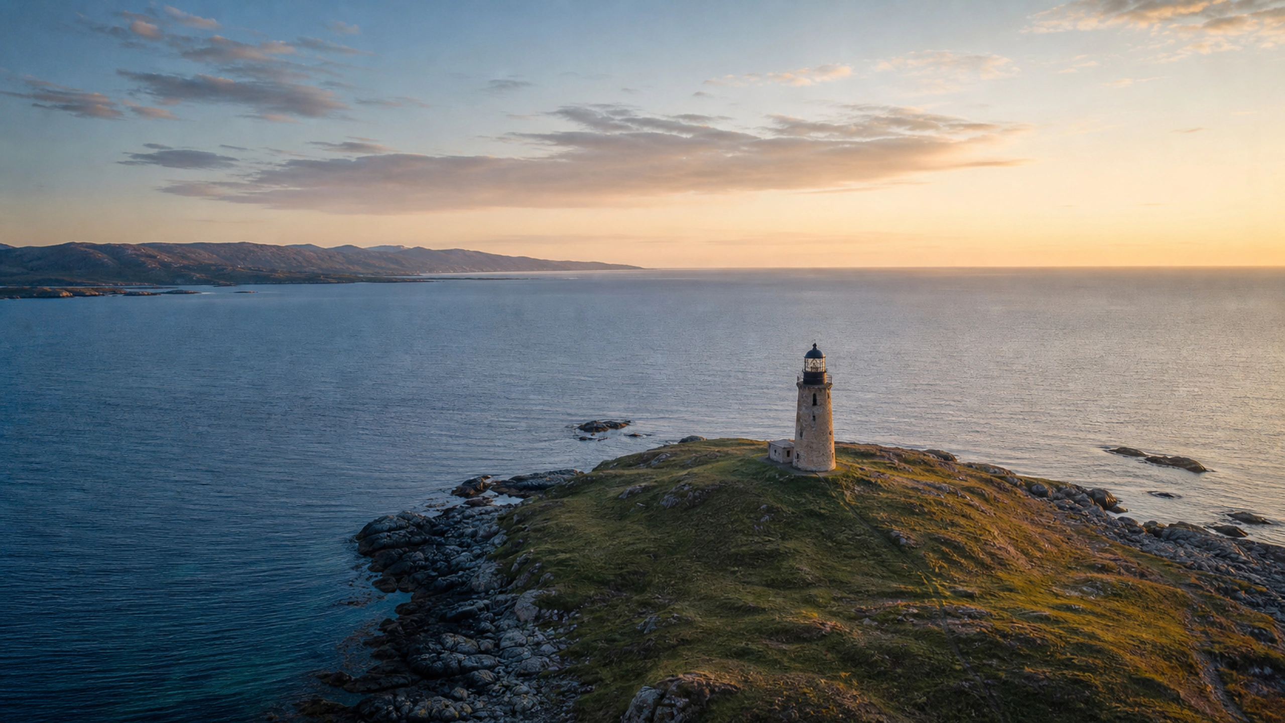 Small original lighthouse occupying a remote grass-covered island from an aerial view, original 4K landmarks wallpaper