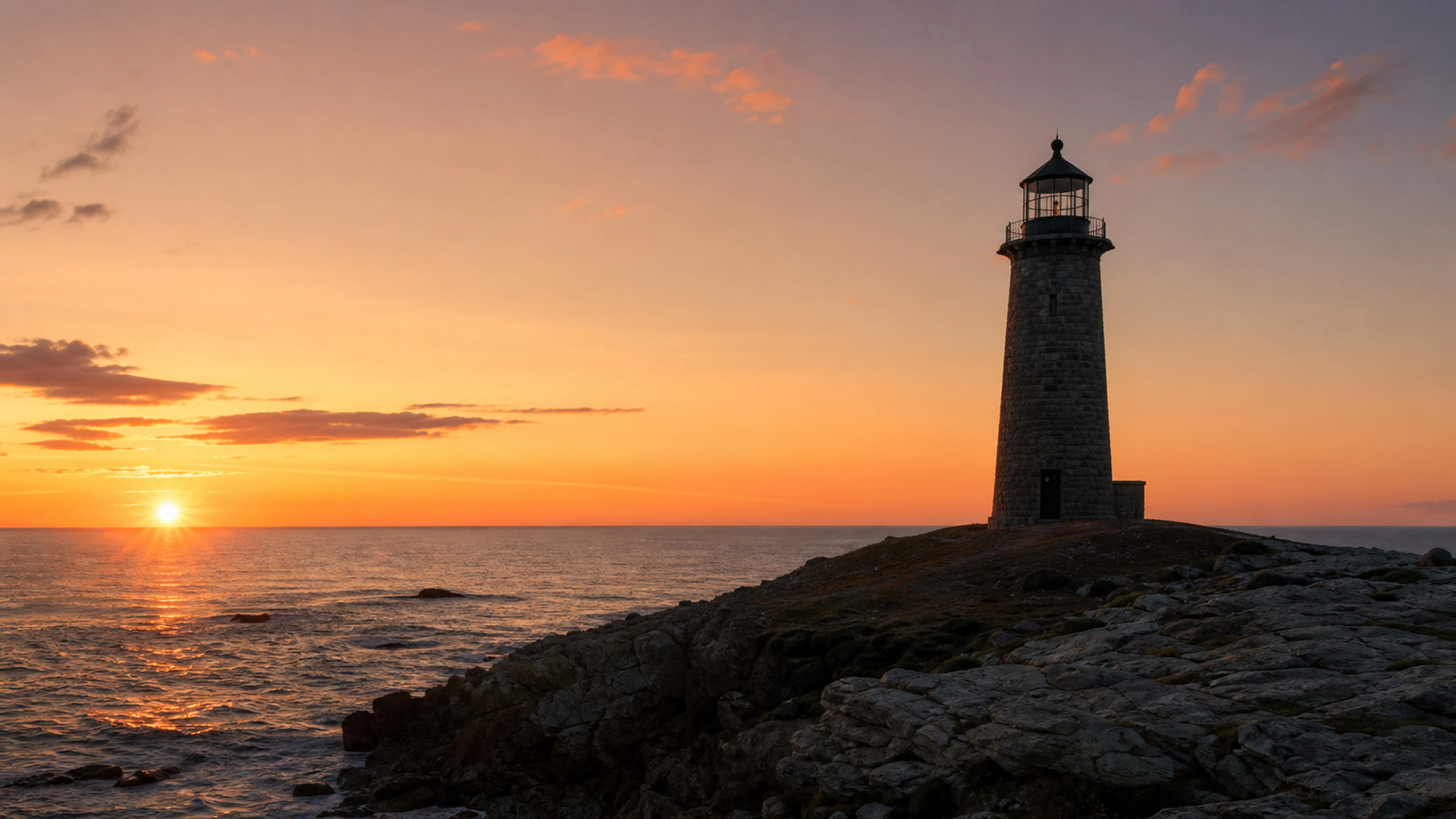 Stone lighthouse silhouetted naturally against a restrained amber ocean sunset, original 4K landmarks wallpaper