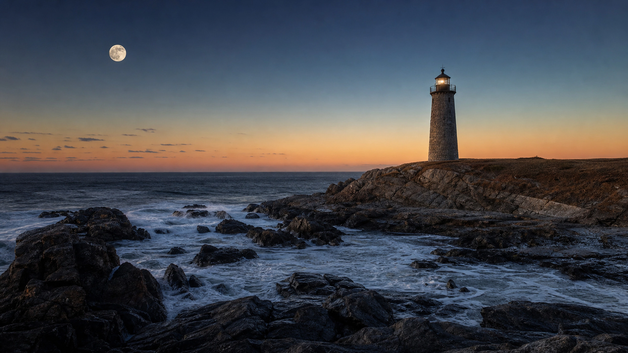 Solitary lighthouse and moonlit surf under a clear dark sky without exaggerated glow, original 4K landmarks wallpaper
