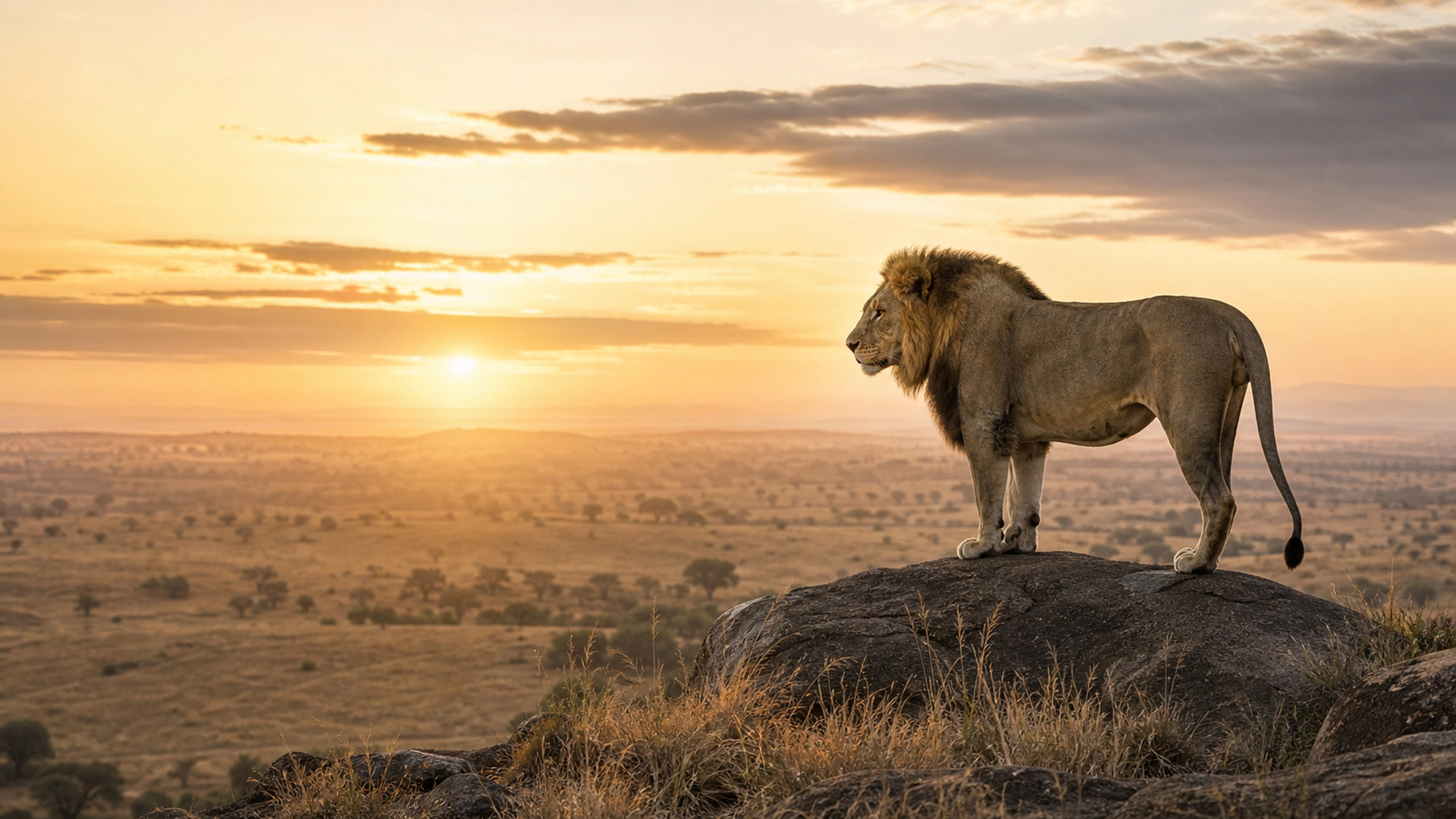 Single adult lion on a low granite kopje overlooking layered savanna at sunrise, original 4K animals wallpaper