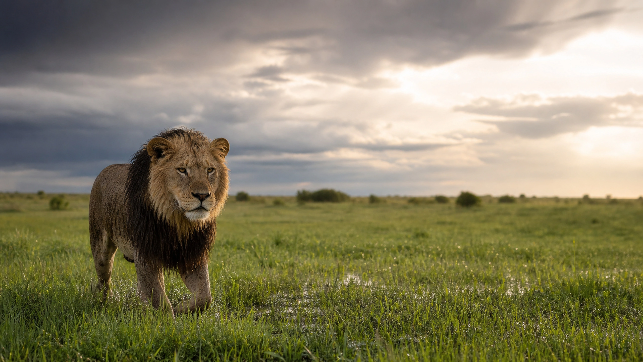 Lion walking through fresh green grass after rain beneath clearing storm clouds, original 4K animals wallpaper