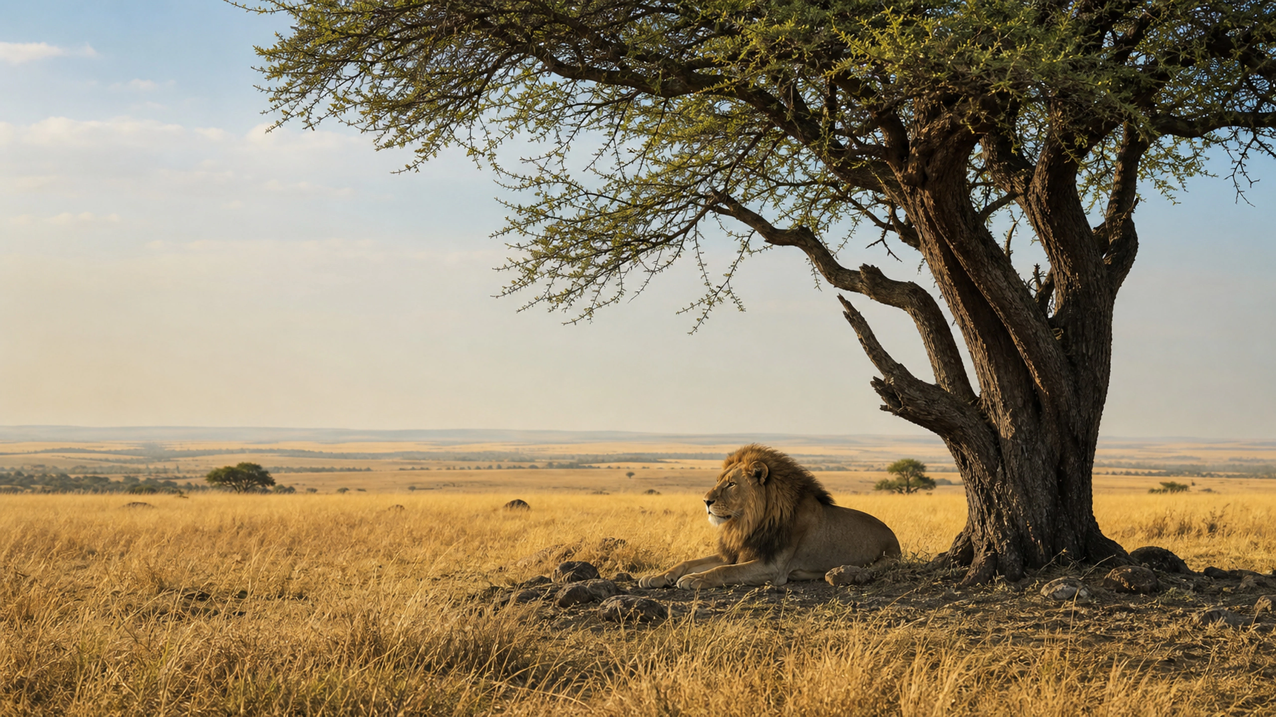 Resting lion beneath a broad acacia tree in quiet midday shade, original 4K animals wallpaper