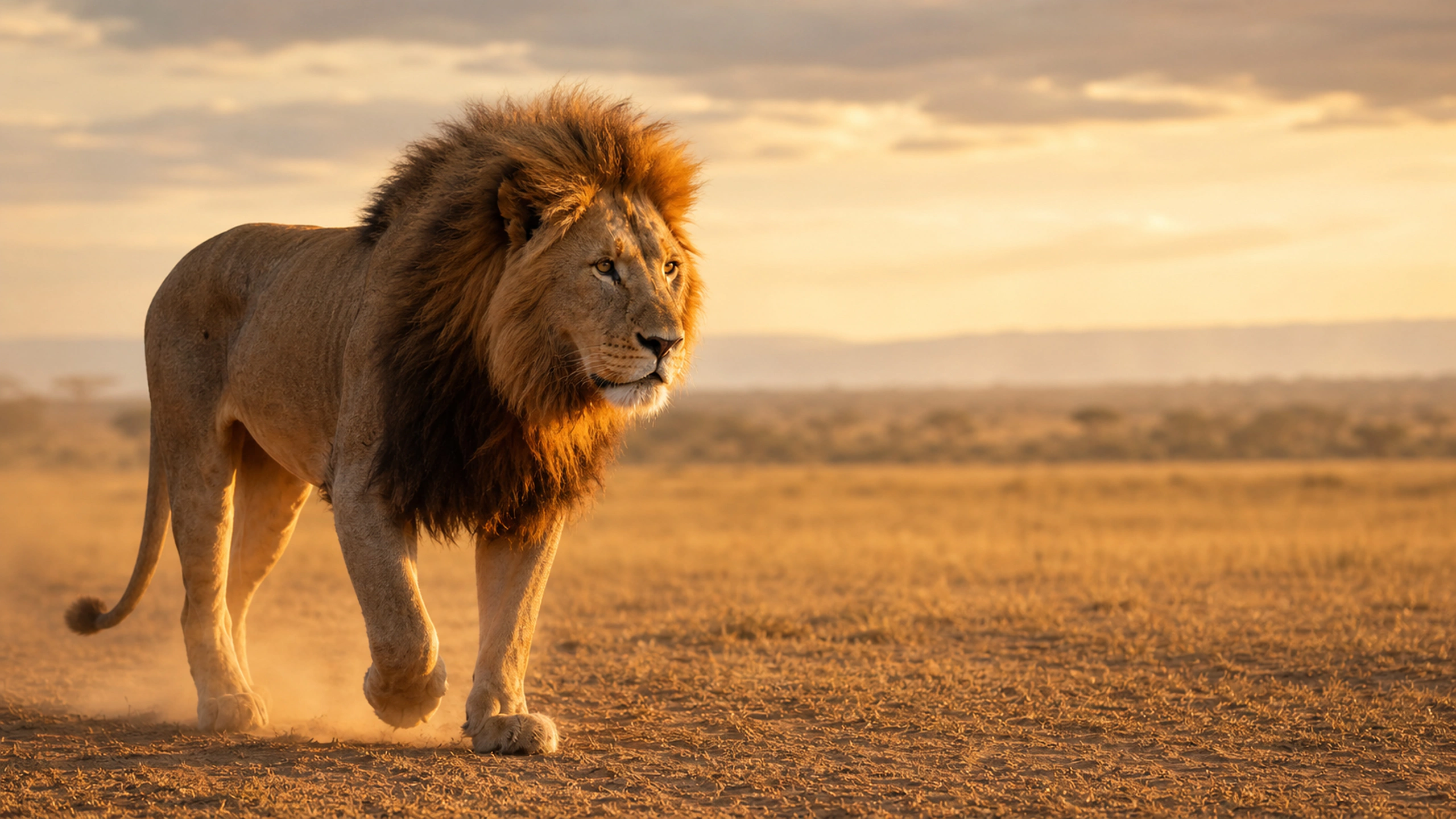 Side-lit lion crossing a dusty plain as warm evening haze catches its mane, original 4K animals wallpaper