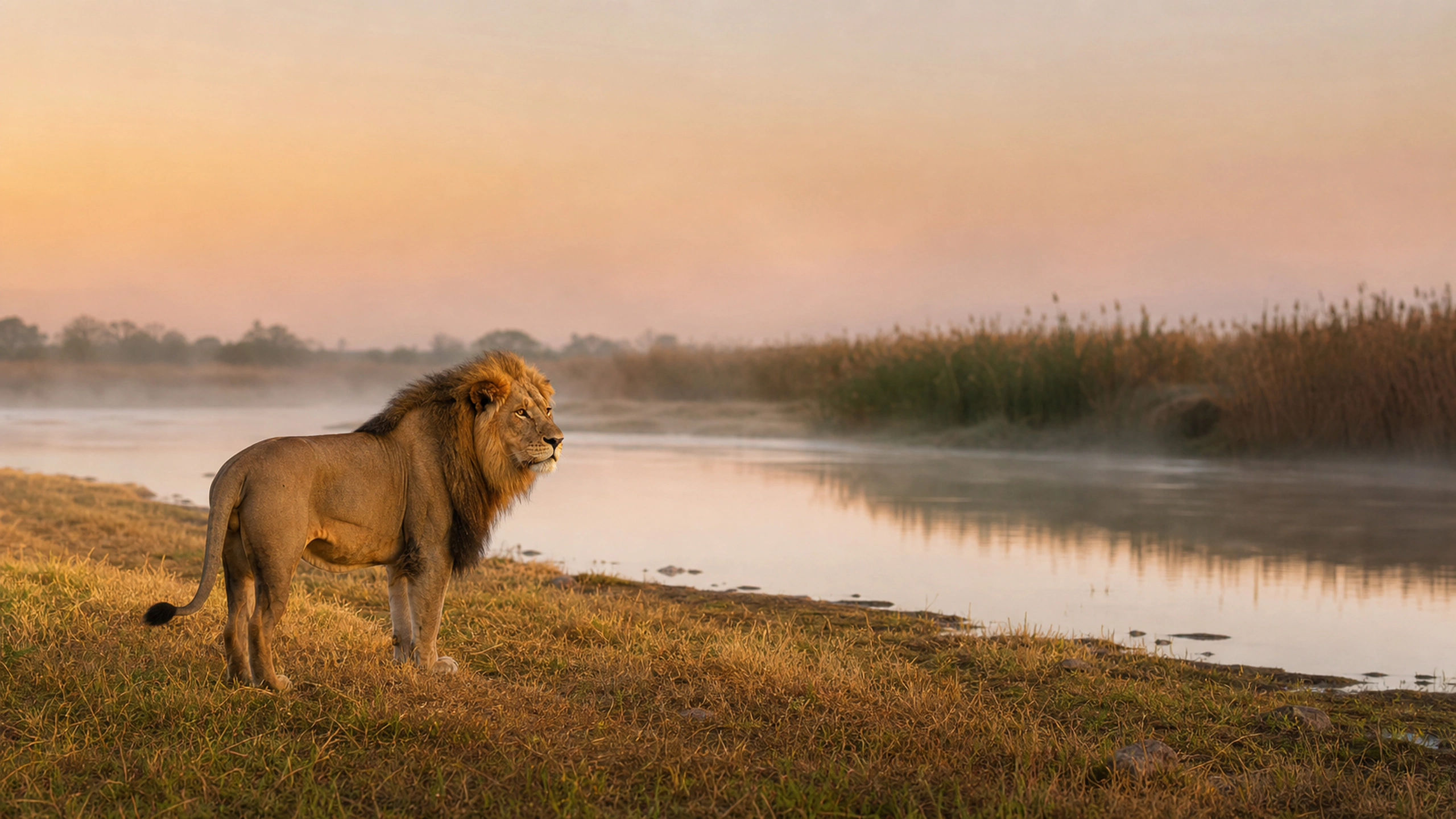 Lion standing at a natural riverbank with distant reeds and soft morning mist, original 4K animals wallpaper