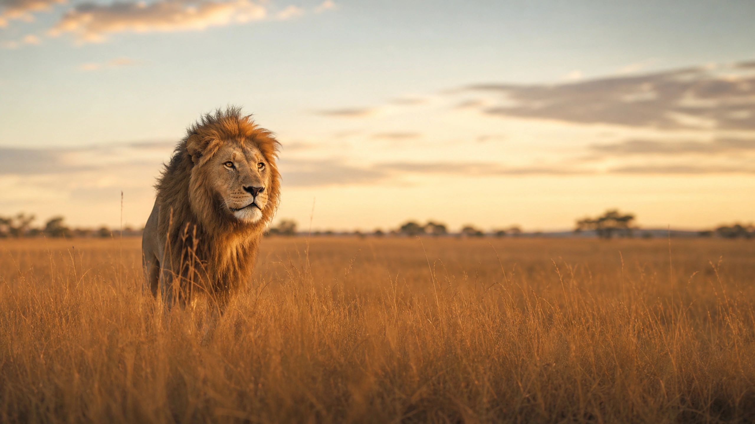Lion partly framed by tall dry grass, low eye-level wildlife-photography viewpoint, original 4K animals wallpaper