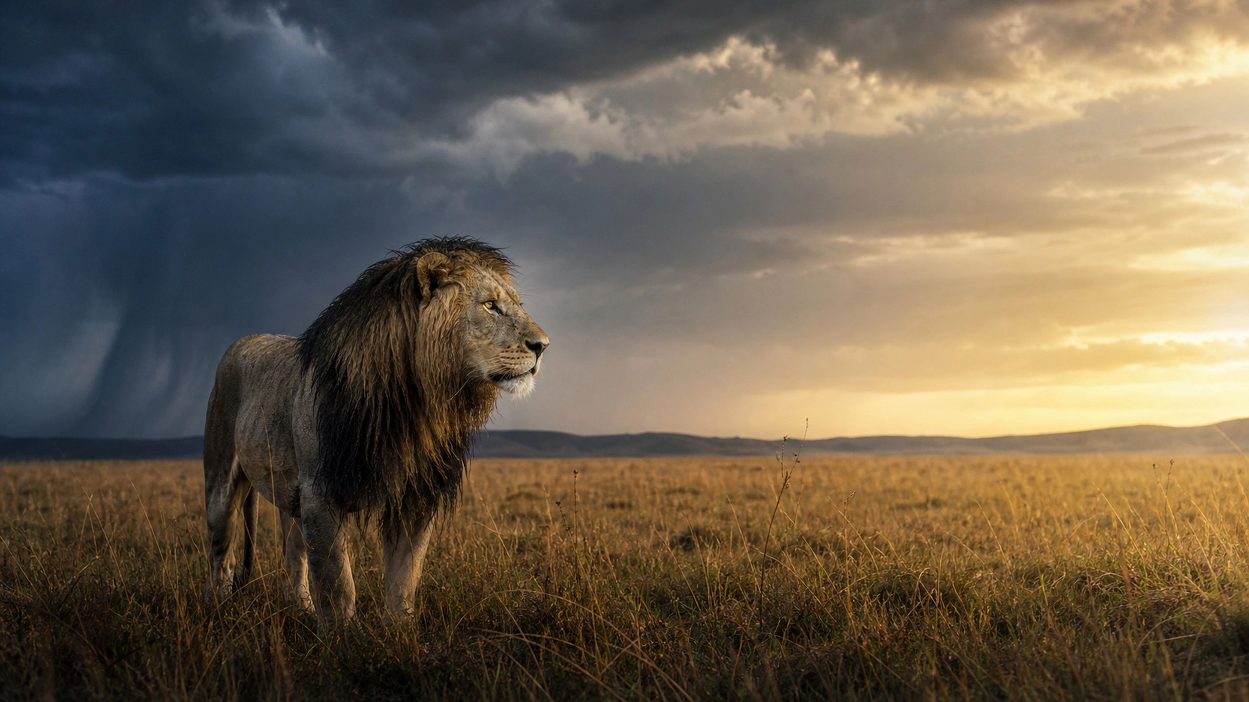 Wet-maned lion beneath a dramatic retreating storm over dark grassland, original 4K animals wallpaper