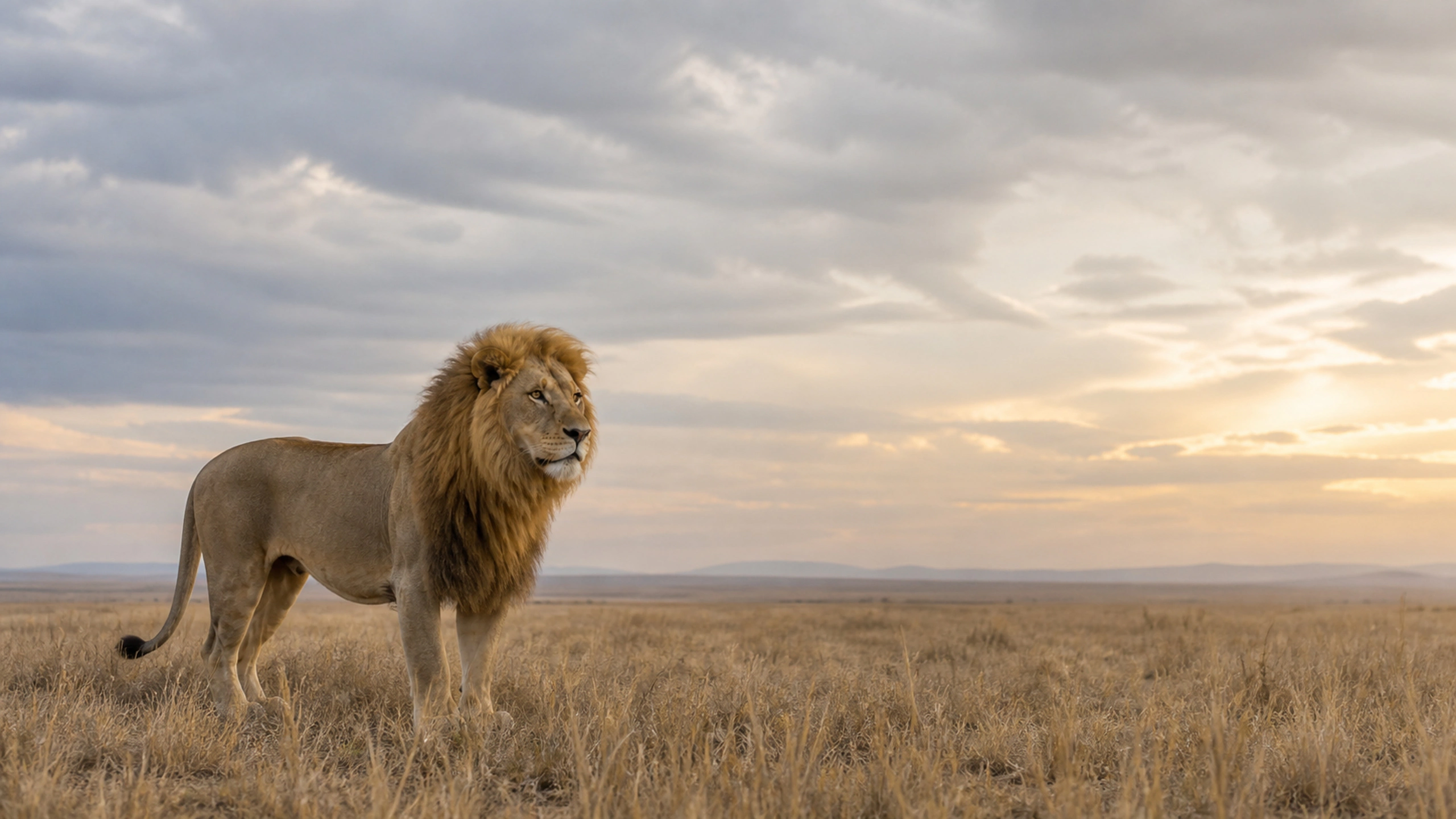 Lion on pale dry grass under cool overcast seasonal light and a wide sky, original 4K animals wallpaper