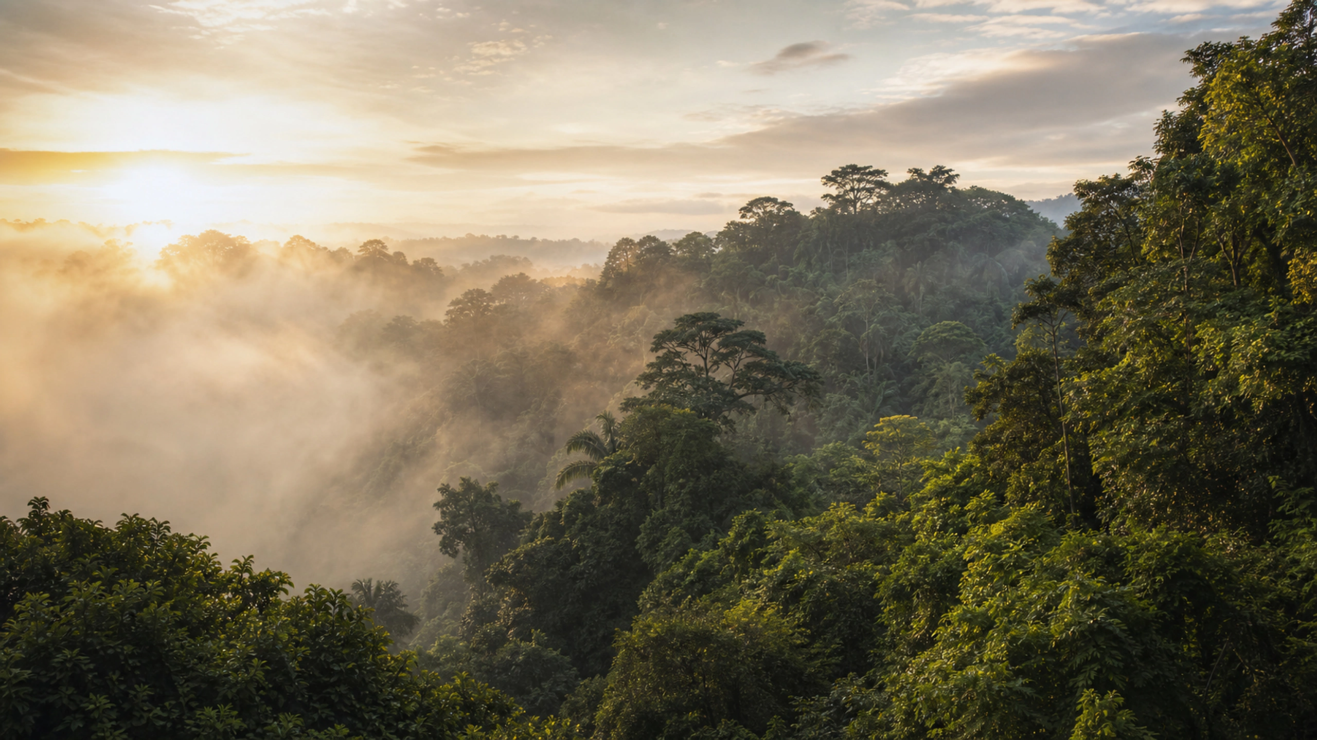 Warm vapor lifting between immense rainforest trees at first light, original 4K forests wallpaper