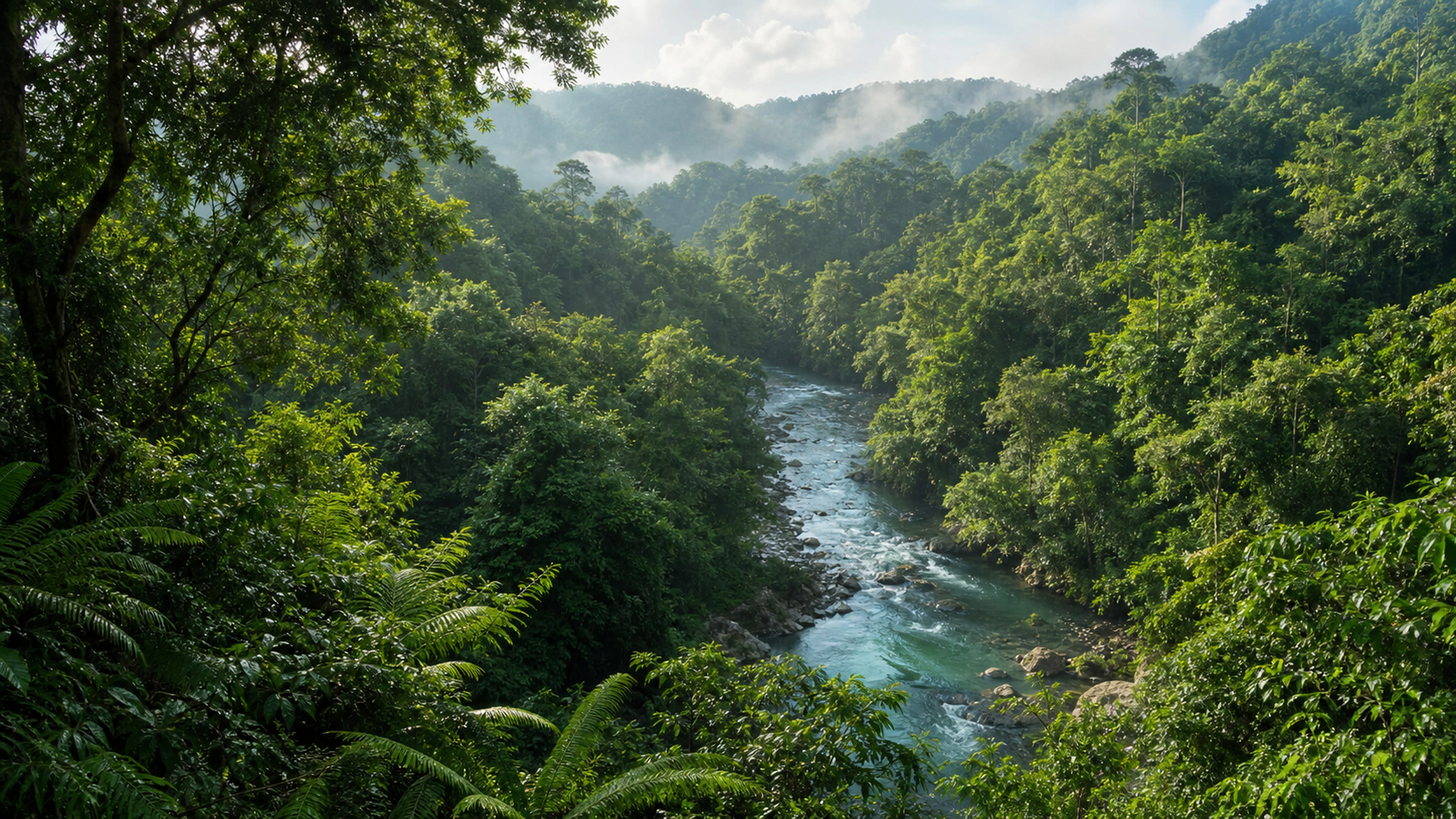 Clear tropical river winding beneath dense varied canopy from an elevated view, original 4K forests wallpaper