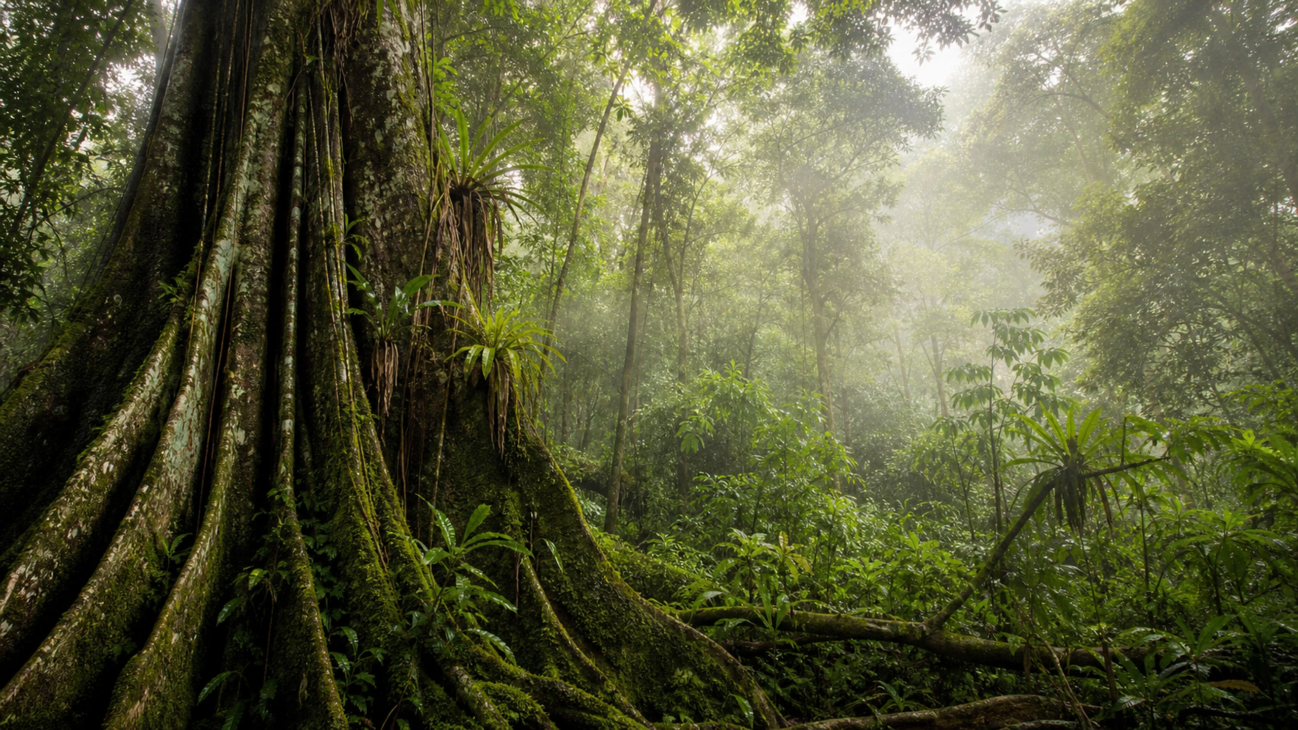Ancient buttress-rooted trees covered in moss and epiphytes under soft green light, original 4K forests wallpaper