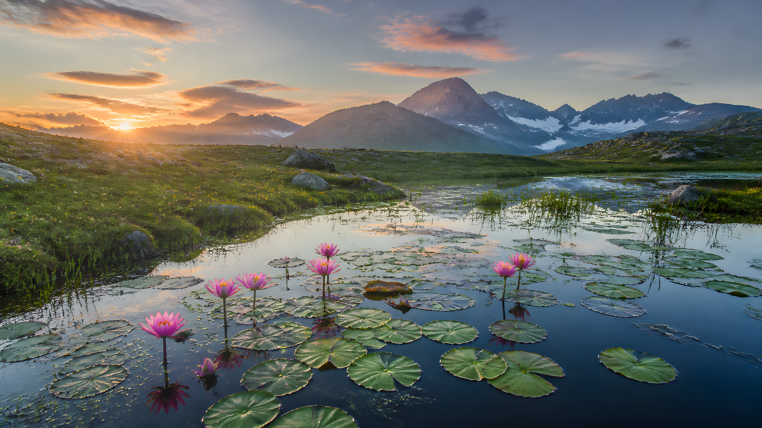 Lotus Ponds at Dawn in alpine meadow under cool dawn light, original 4K desktop wallpaper