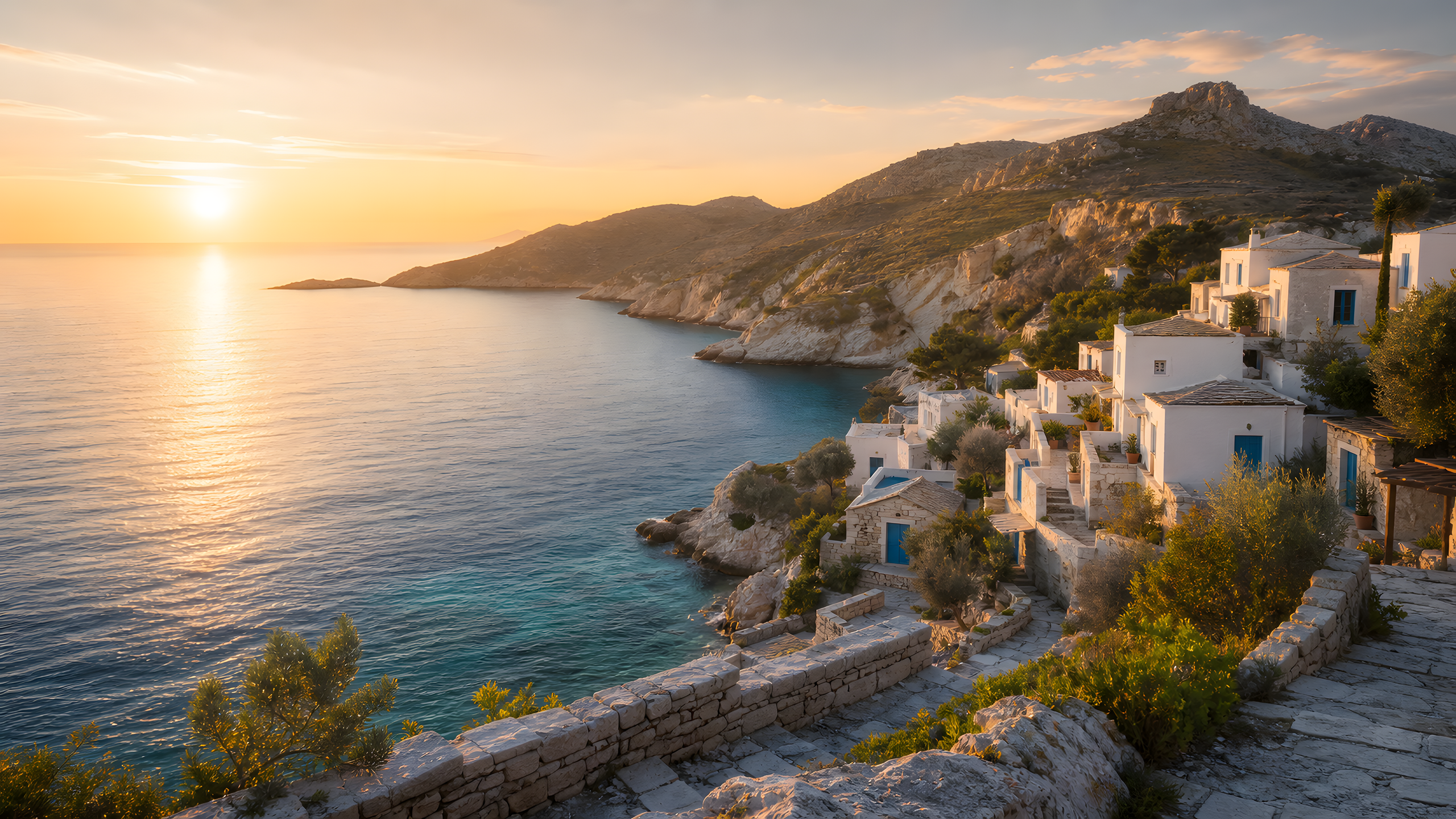 Whitewashed Mediterranean coastal village above a turquoise cliff cove at warm sunrise