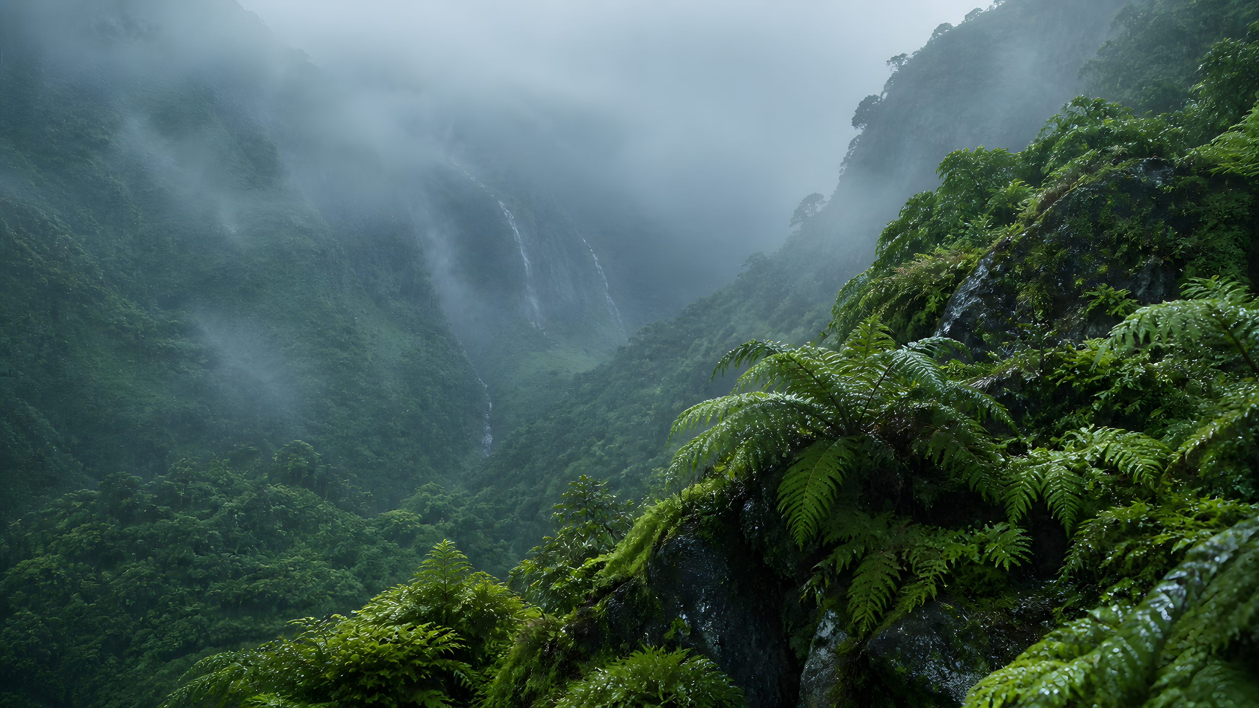 Monsoon rain veiling a layered green fern valley at dawn