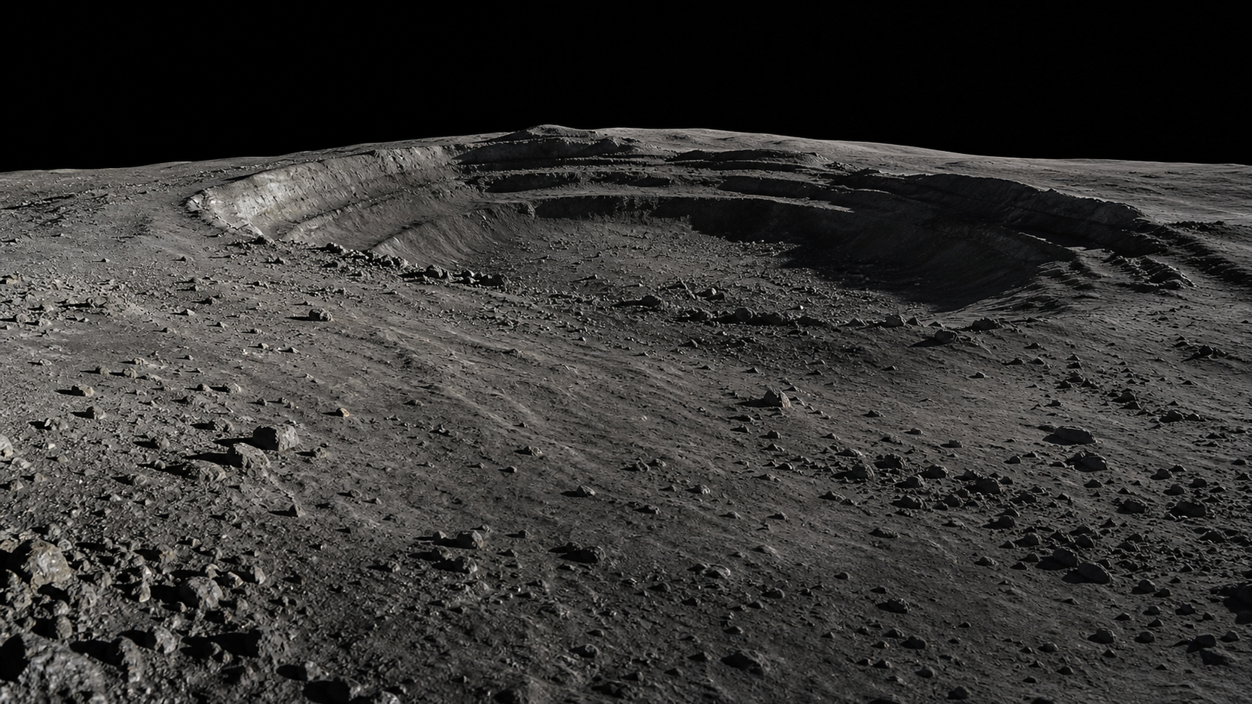 A far-side crater rim seen from a high oblique angle, with terraced walls, boulder fields, dusty ejecta rays and low sun grazing the rim, original 4K planets wallpaper