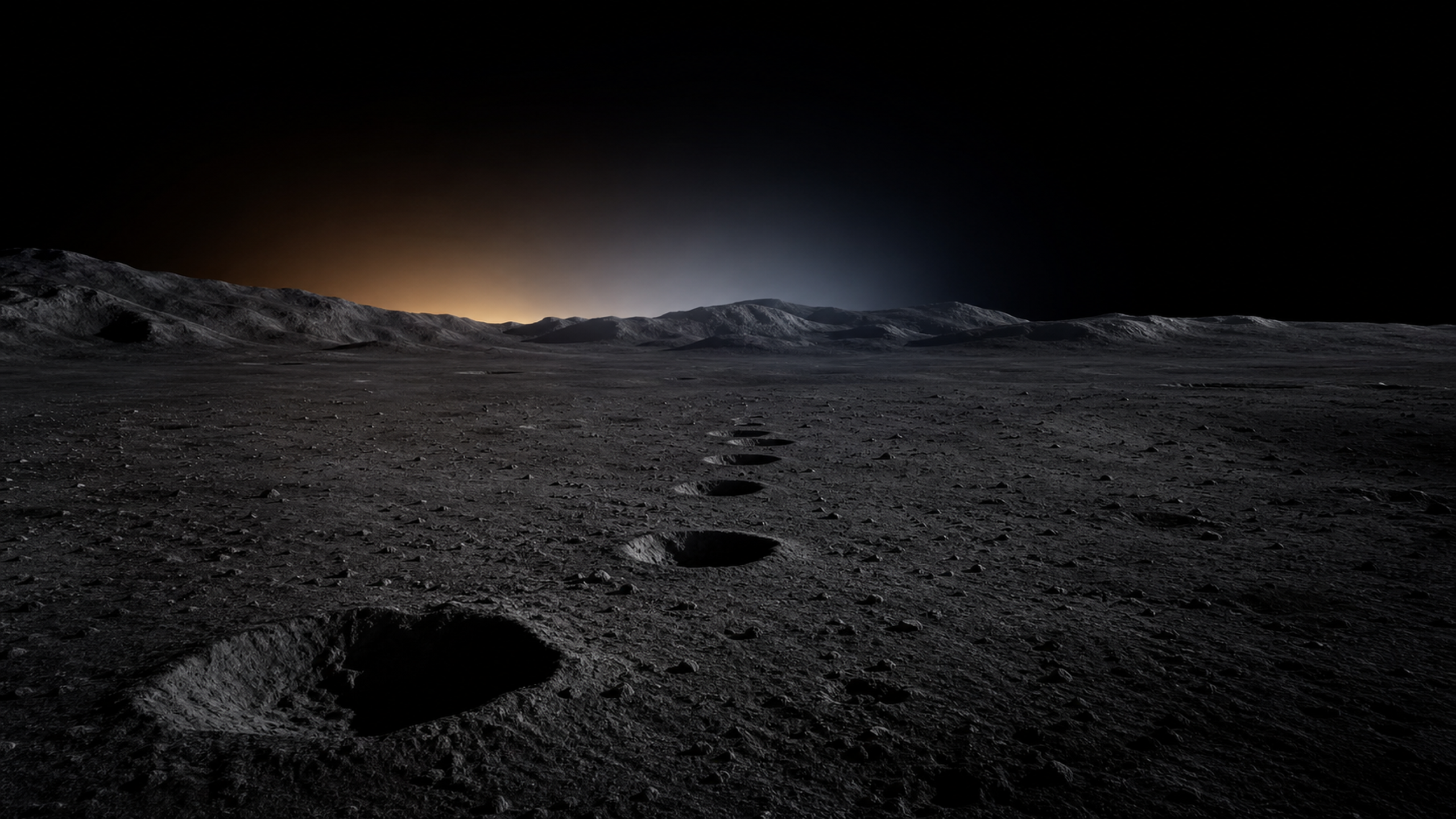 A vast dark mare plain beneath a subtle amber-blue eclipse-like glow, with a shallow crater chain leading toward distant highlands, original 4K planets wallpaper