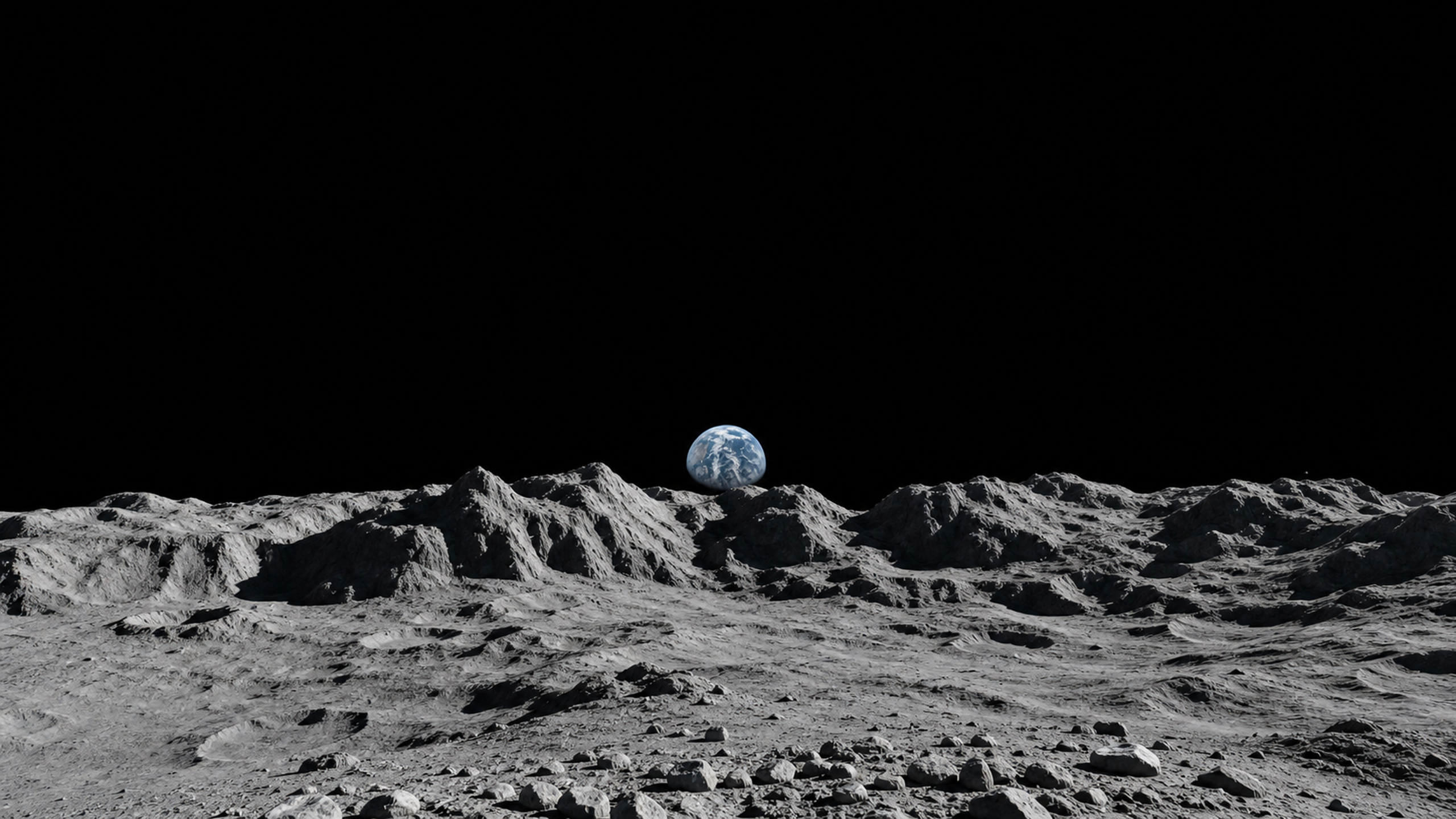 Jagged unnamed lunar mountains spanning a wide horizon as Earth rises partially behind the ridge above fractured regolith, original 4K planets wallpaper