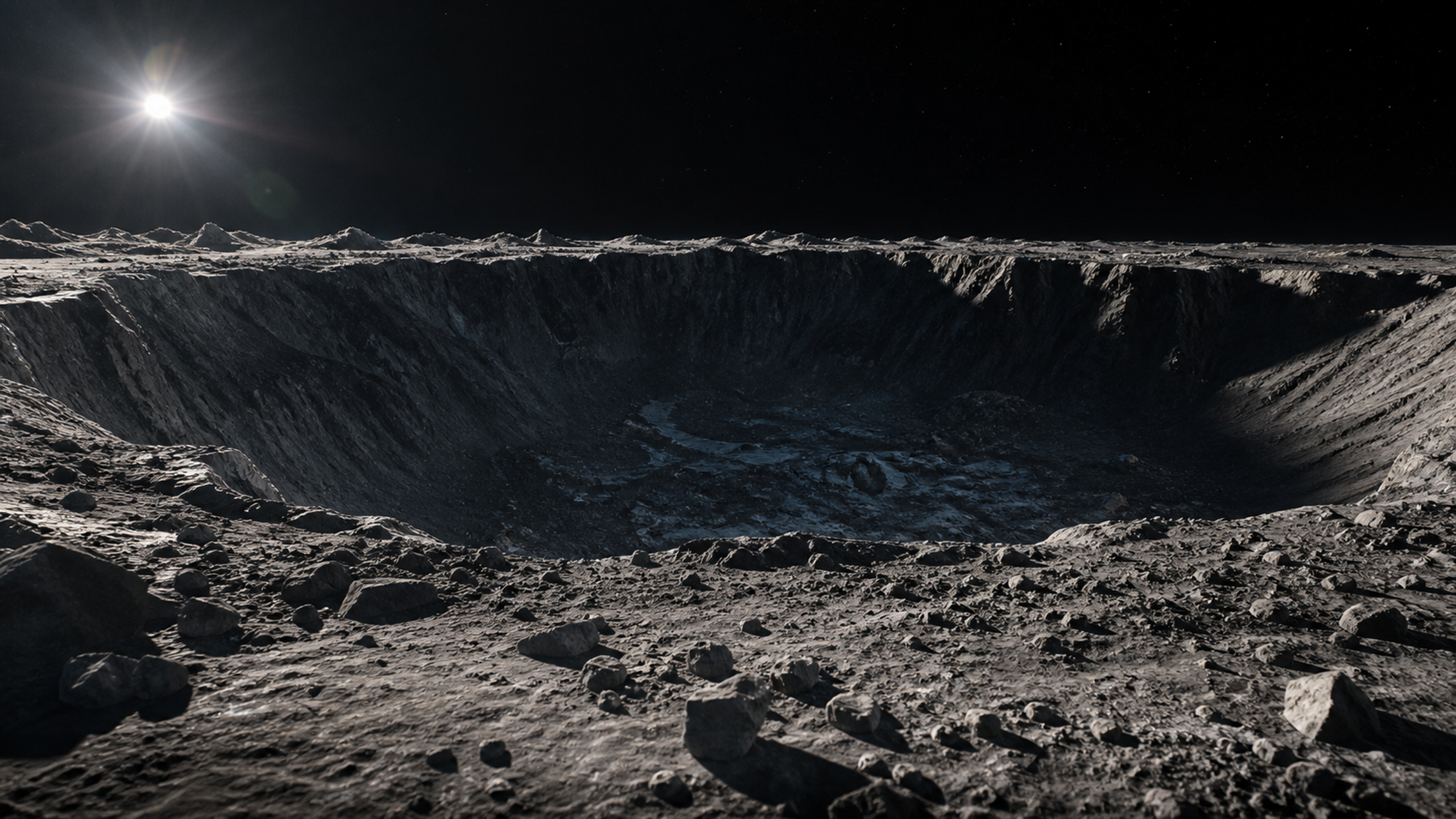 A south-pole inspired crater with a deep permanently shadowed interior, subtle blue-gray ice glints, rugged regolith and a sunlit rim, original 4K planets wallpaper