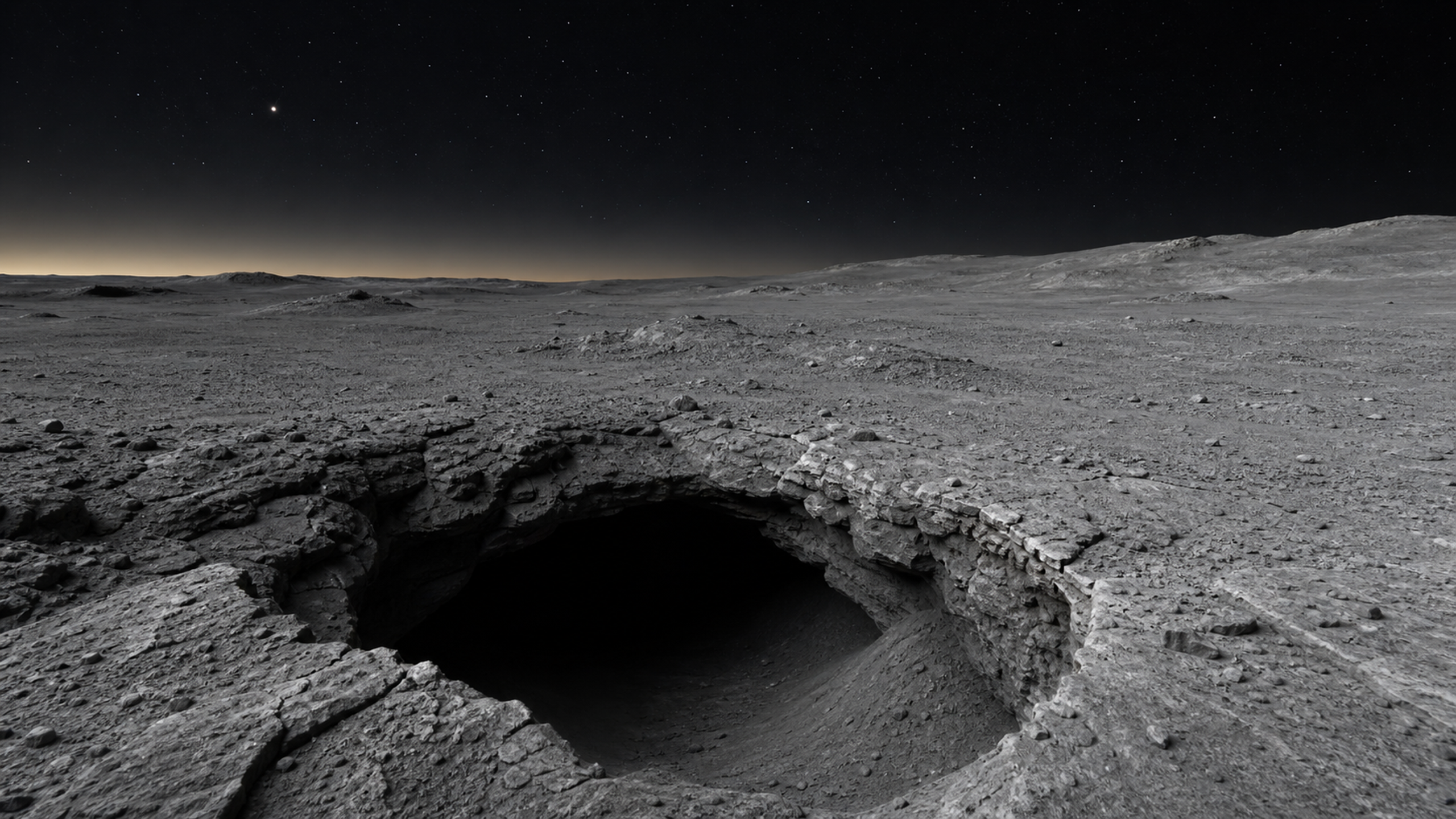 A wide lunar plain with a natural lava-tube skylight opening, fractured basalt edge, dust slopes descending into darkness and low twilight on the horizon, original 4K planets wallpaper