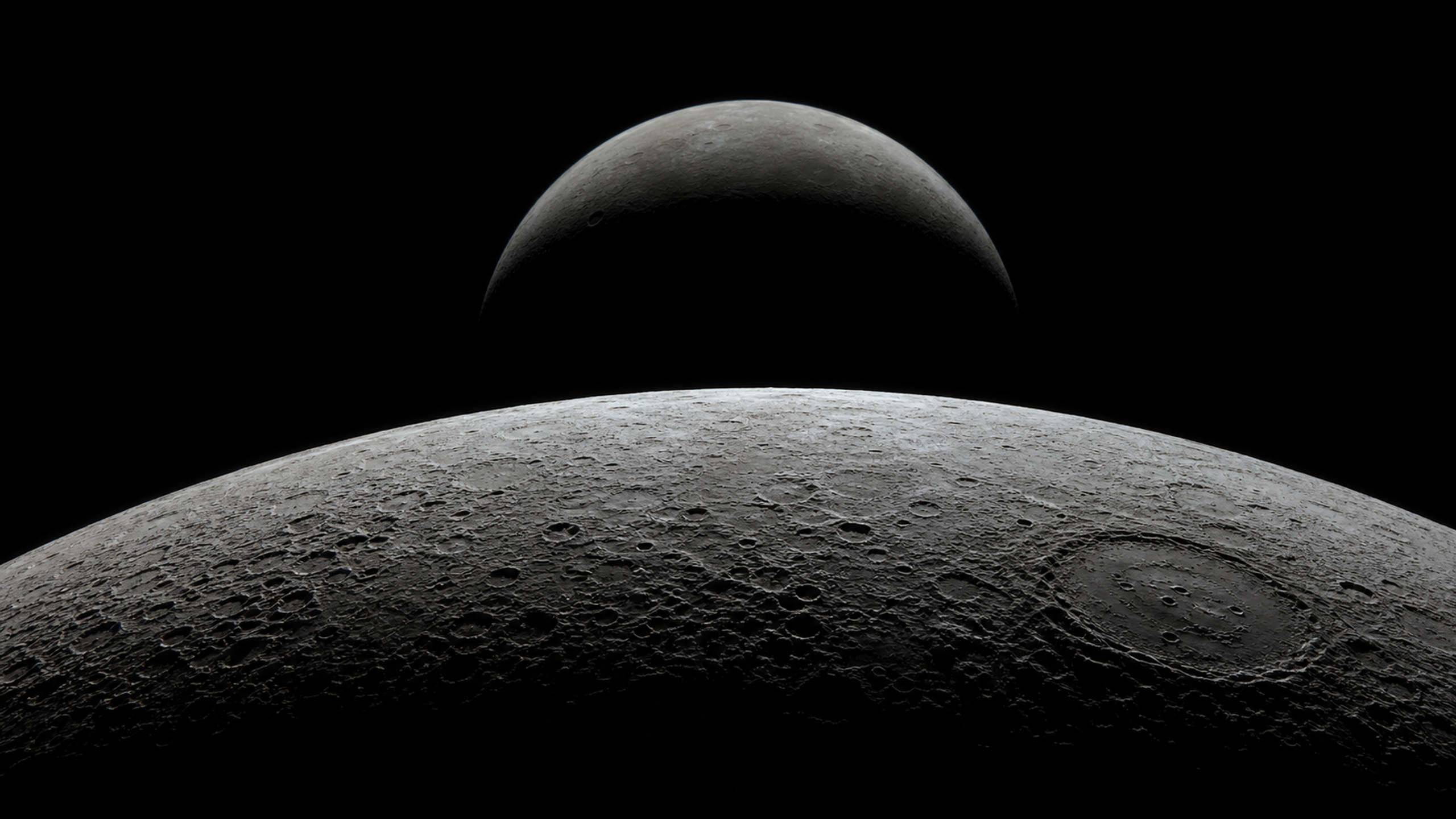 A curved cratered moon foreground under terminator shadow with a second distant moonlike limb beyond black space, original 4K planets wallpaper