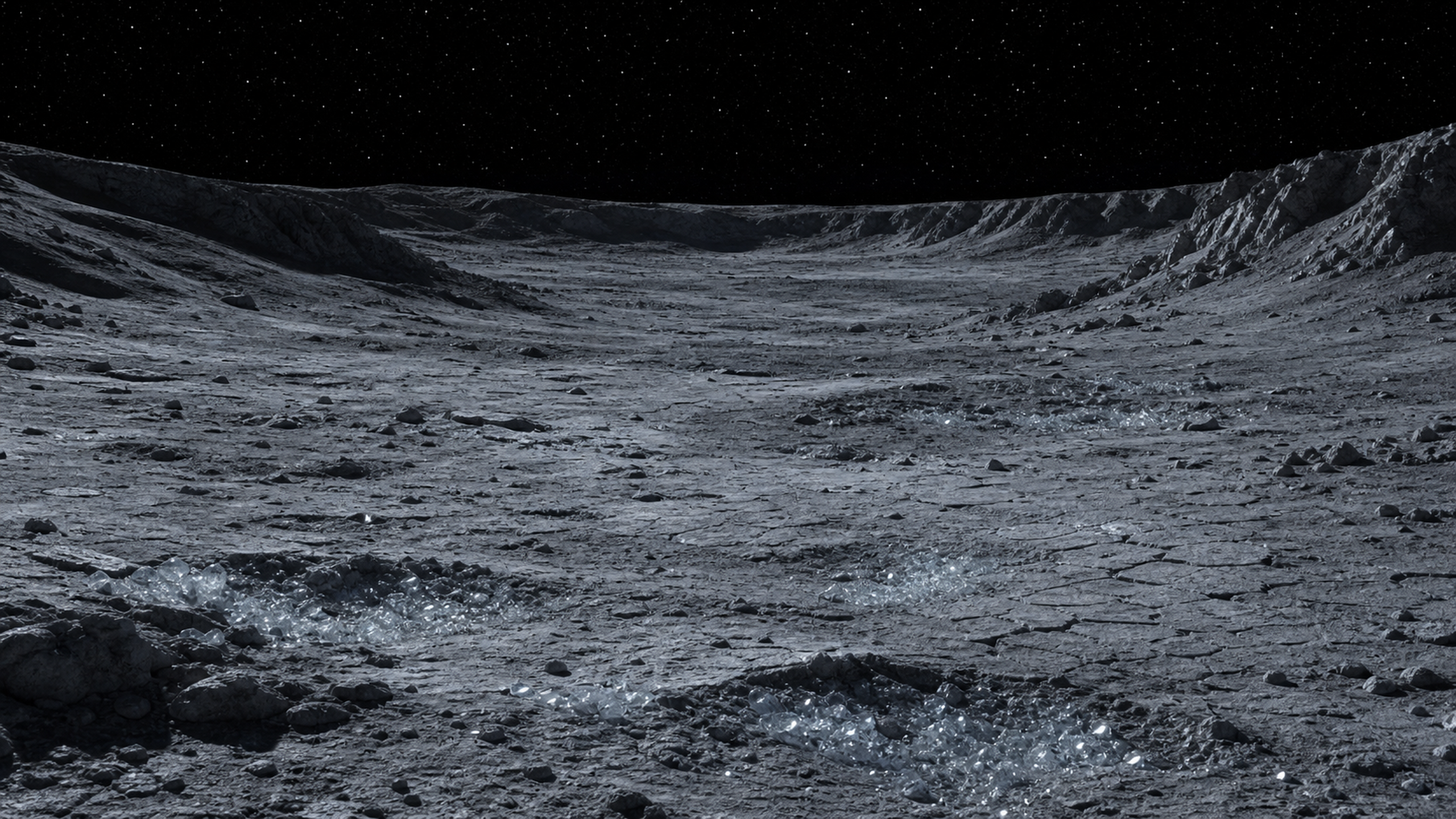 A cold dry lunar basin with scattered glassy frost glints in shallow shadowed depressions, rough regolith ridges and distant crater walls, original 4K planets wallpaper