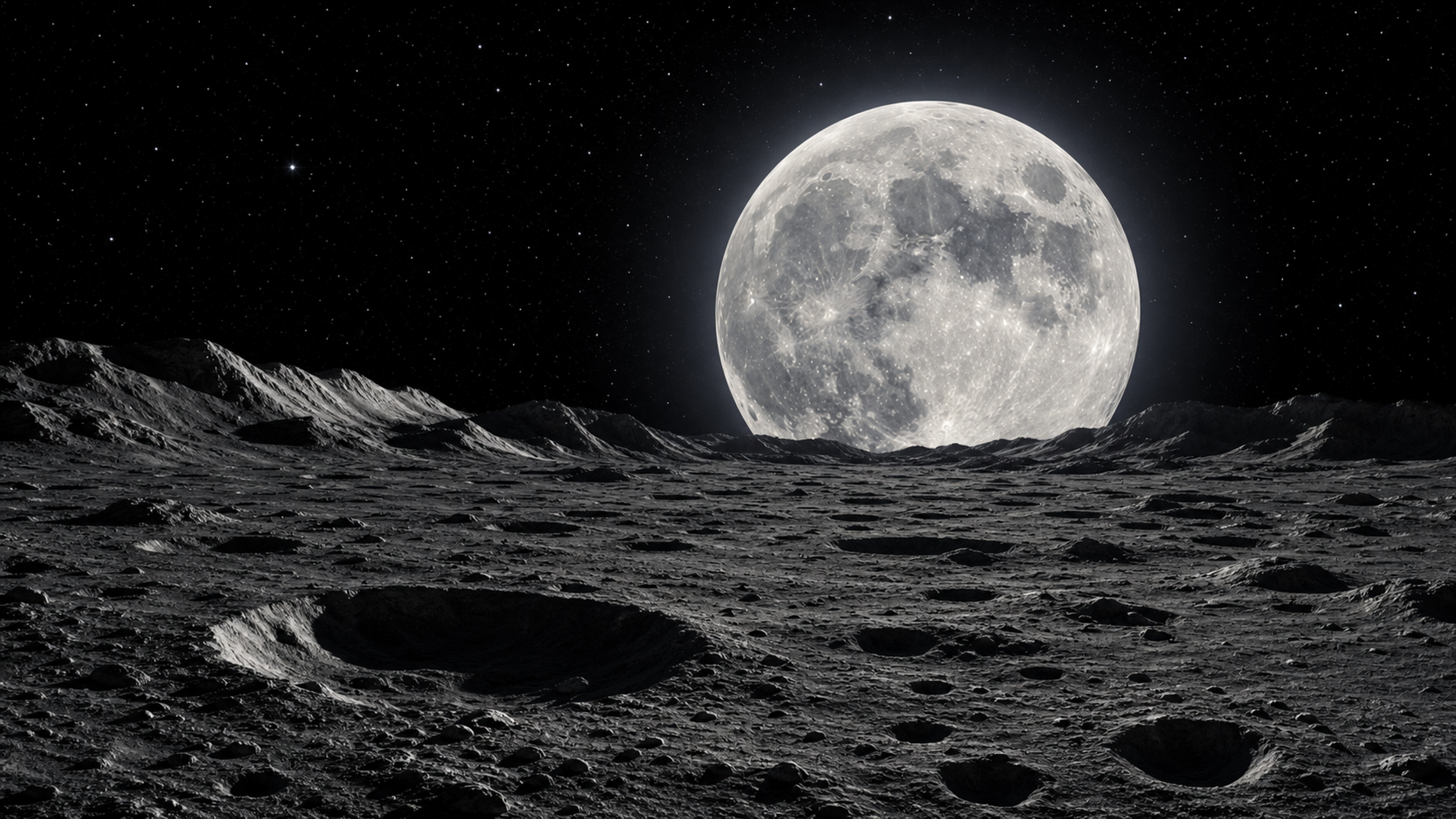 A barren cratered moonlike foreground of charcoal regolith and basalt ridges beneath a huge bright full moon rising near the horizon, original 4K planets wallpaper