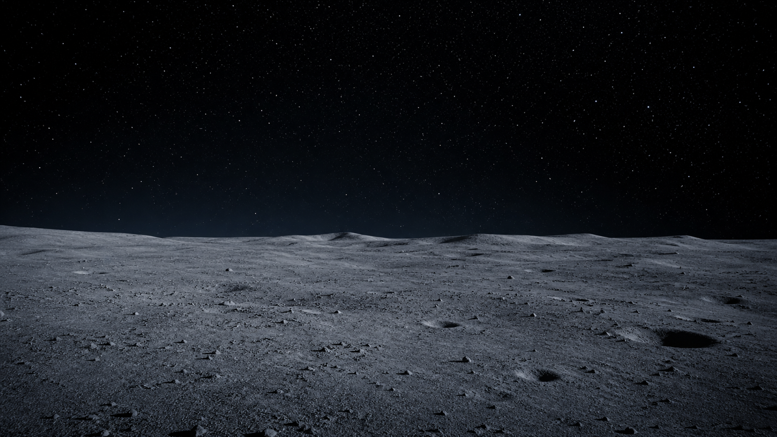 A minimalist lunar dust plain with rolling regolith dunes, tiny impact craters, a low horizon and cool gray-blue Earthshine, original 4K planets wallpaper