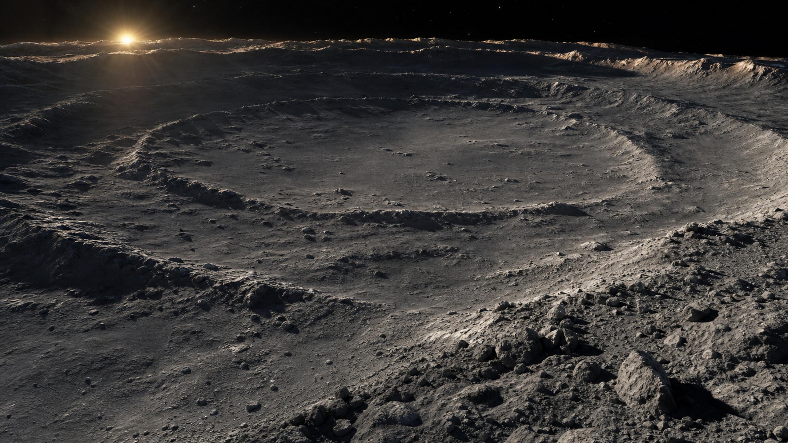 An ancient impact basin with multiple concentric mountain rings, low sunrise on the highest ridges, ejecta blocks and dusty ripples, original 4K planets wallpaper