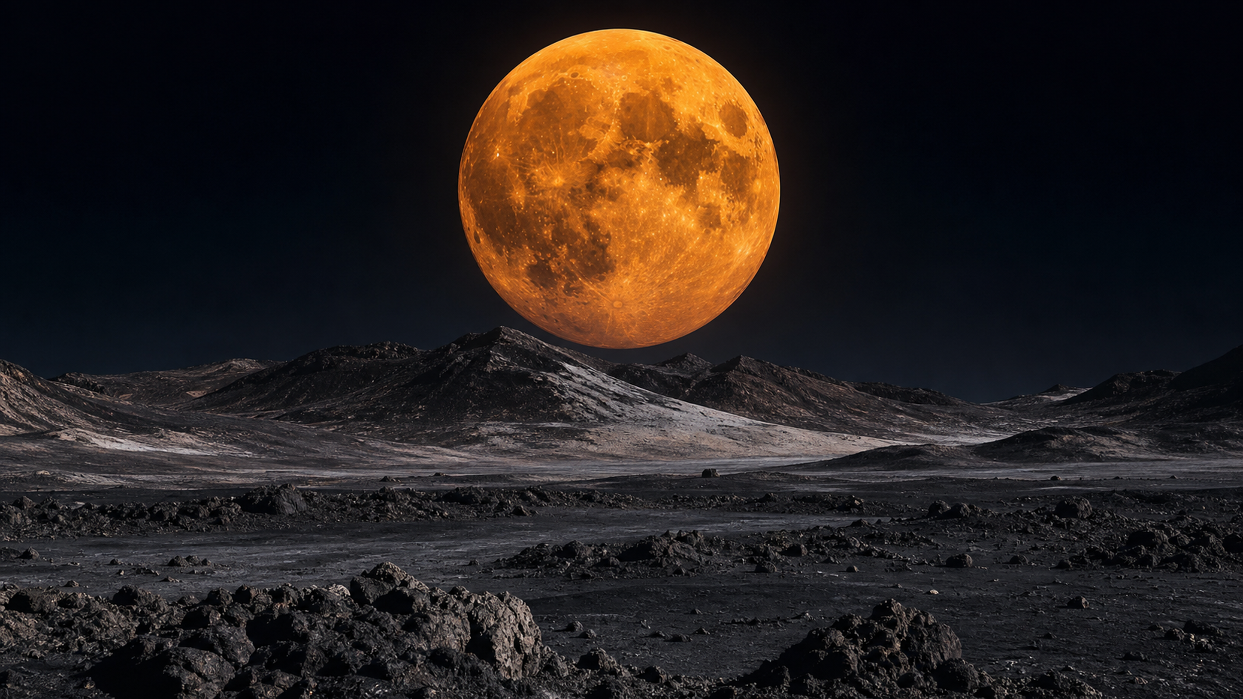 An enormous orange full moon over an uninhabited barren volcanic horizon with black basalt ridges and pale dust, original 4K planets wallpaper