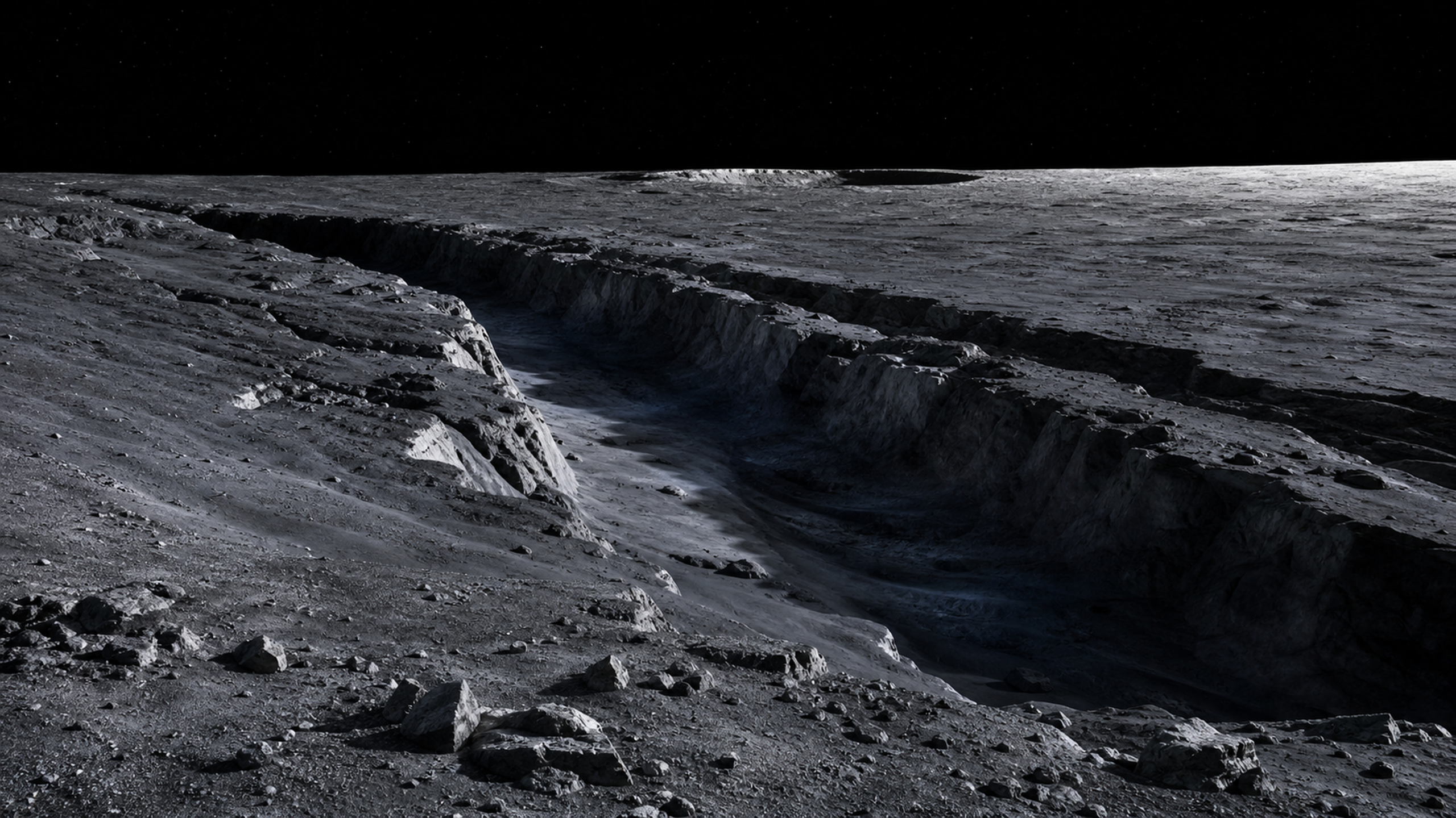 A deep sinuous lunar rille canyon with steep shadowed walls, faint cool Earthlight and a sunlit rim far in the distance, original 4K planets wallpaper