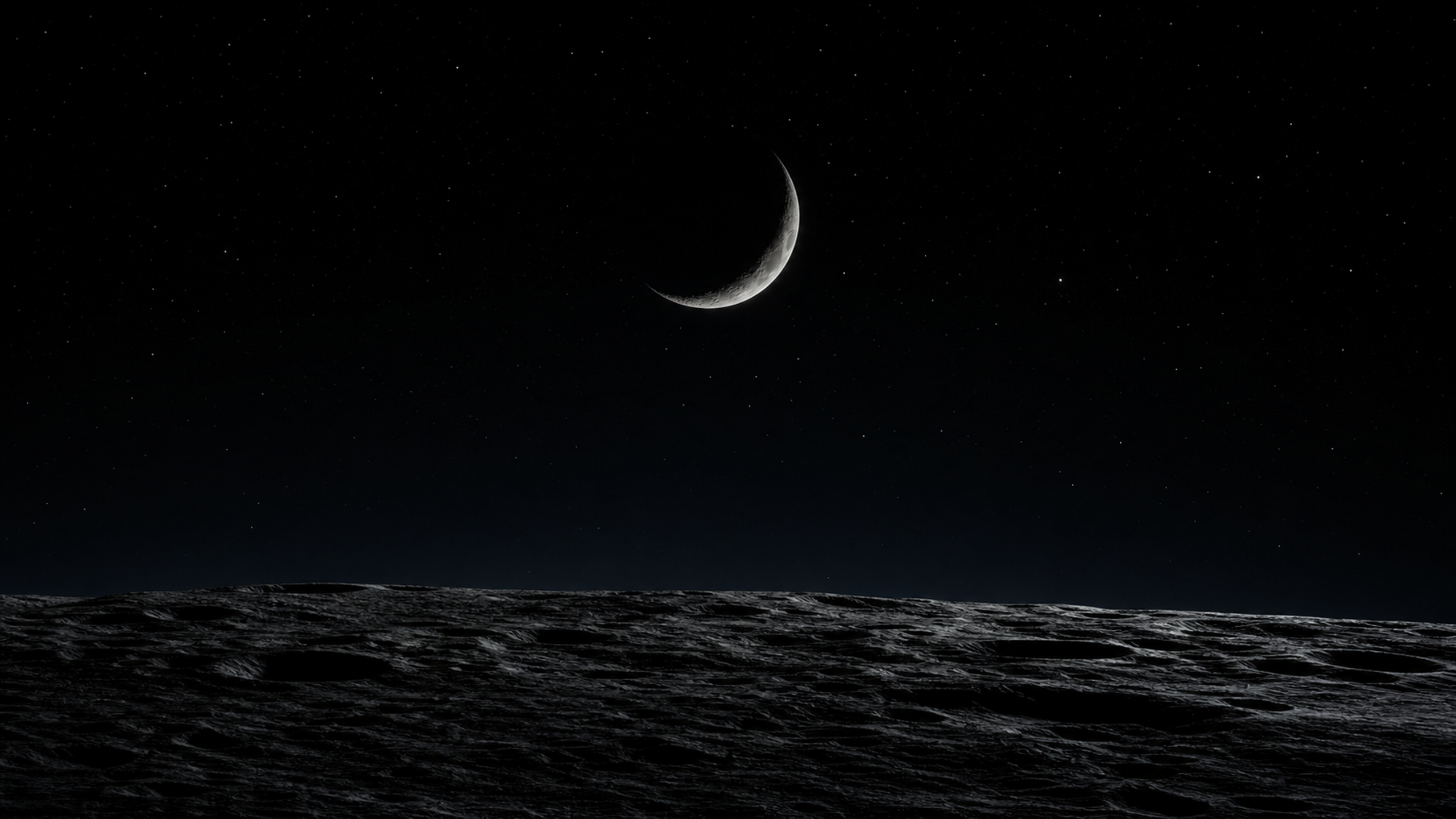 A nearly black lunar foreground horizon with subtle crater texture beneath a delicate silver crescent moon and sparse stars, original 4K planets wallpaper