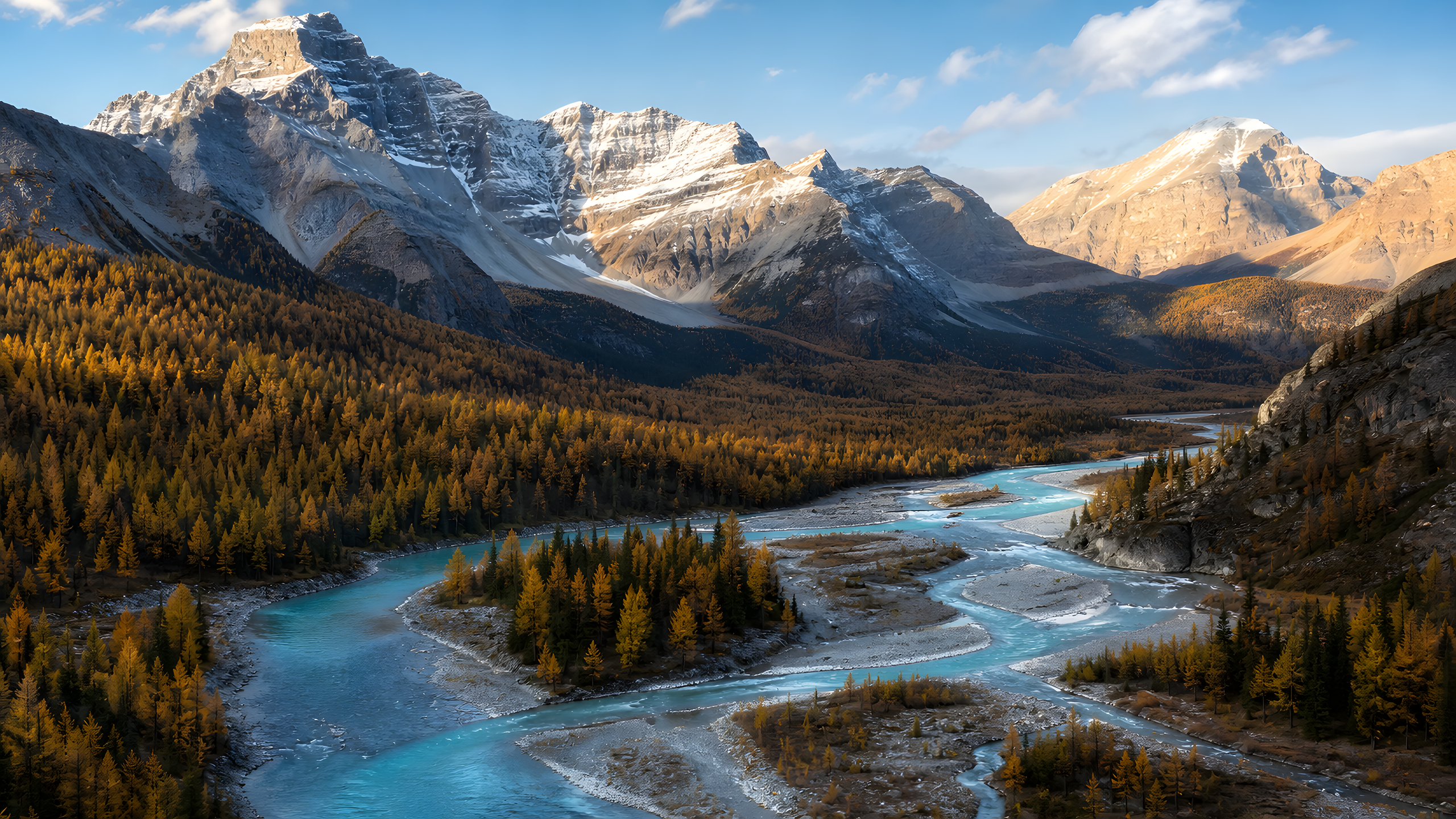 A turquoise braided river sweeping around a golden autumn larch forest beneath layered metamorphic peaks carrying the season's first high snow, original 4K mountains wallpaper