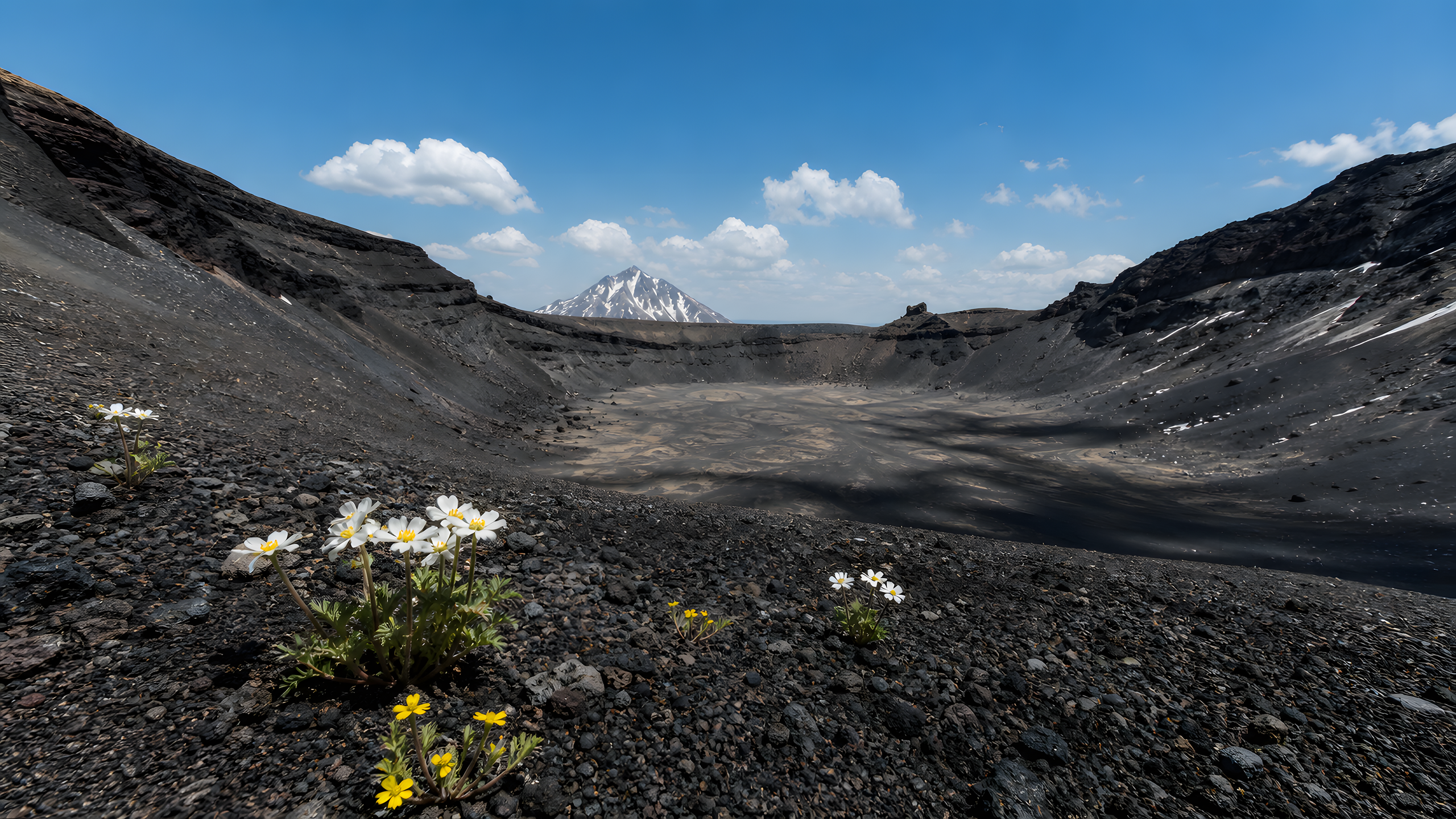Sparse white and yellow alpine flowers rooted in black pumice inside an eroded midsummer caldera, with a snow-striped peak framed through the breached rim, original 4K mountains wallpaper