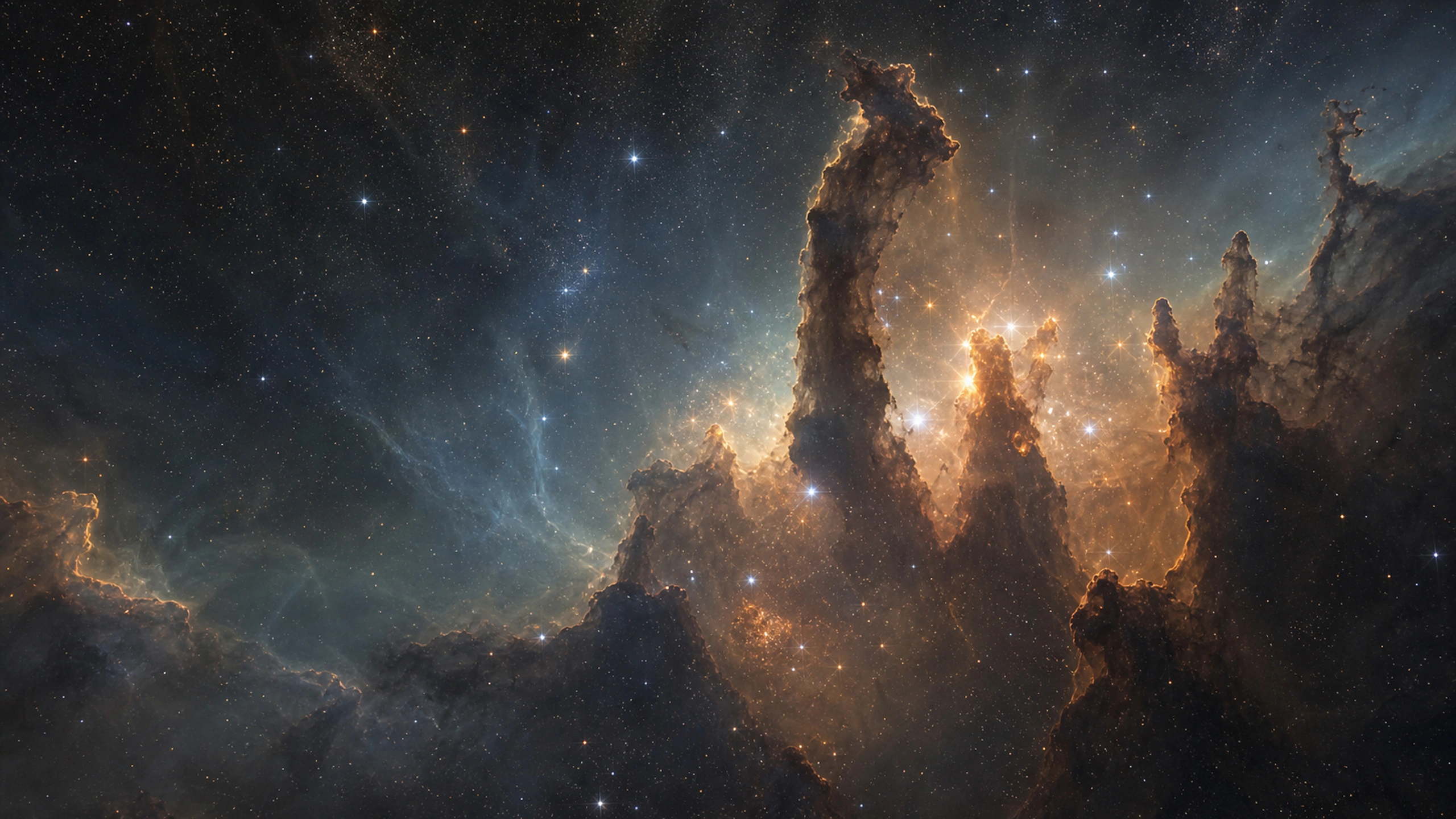 Immense original dust pillars backlit by a young star cluster in deep space, original 4K space wallpaper